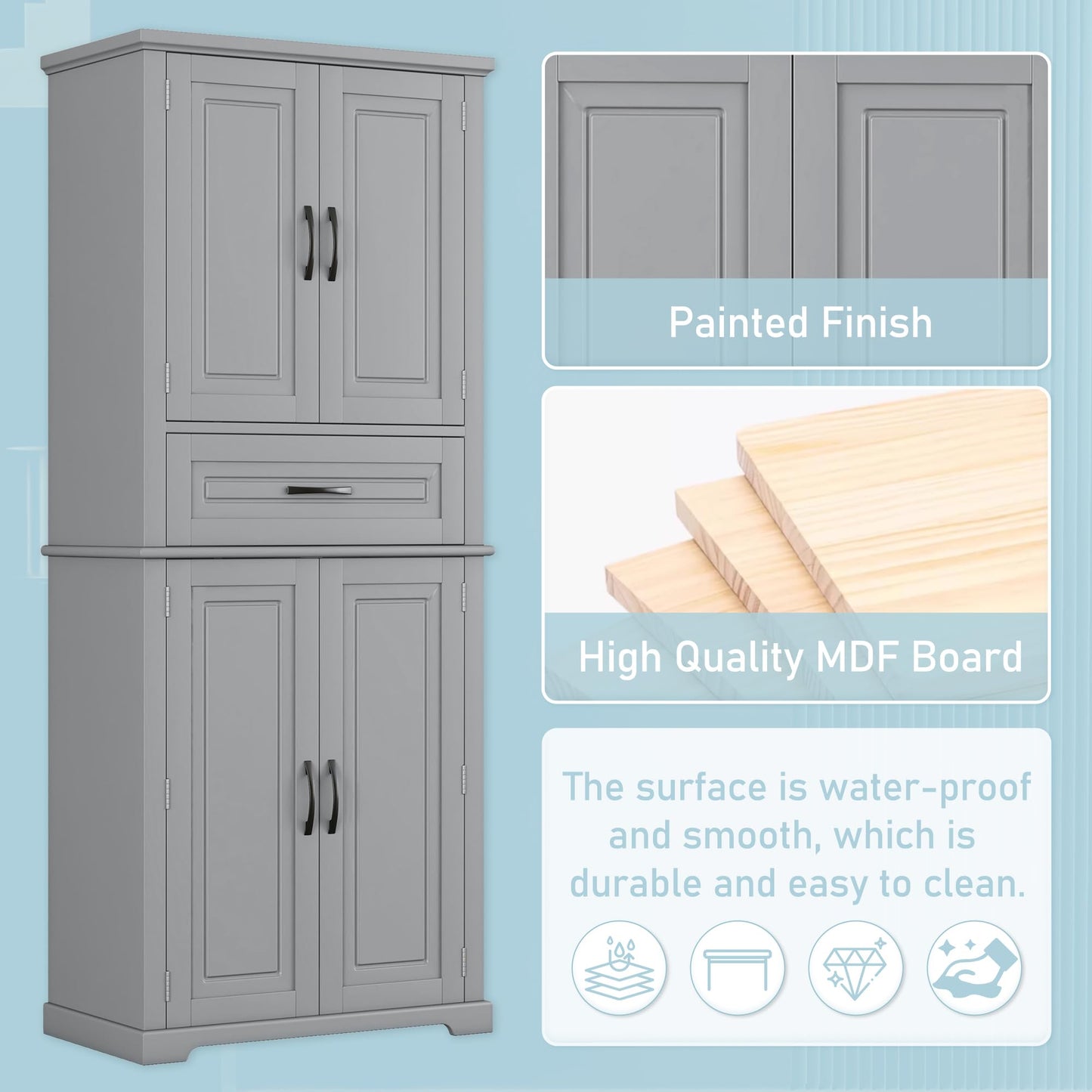 Merax 72" Tall Kitchen Pantry Storage Cabinet, Farmhouse Freestanding Large Cupboard with One Drawer, Bathroom Cabinet with Adjustable Shelves, 6 Door-Shelf for Dining Room, Gray