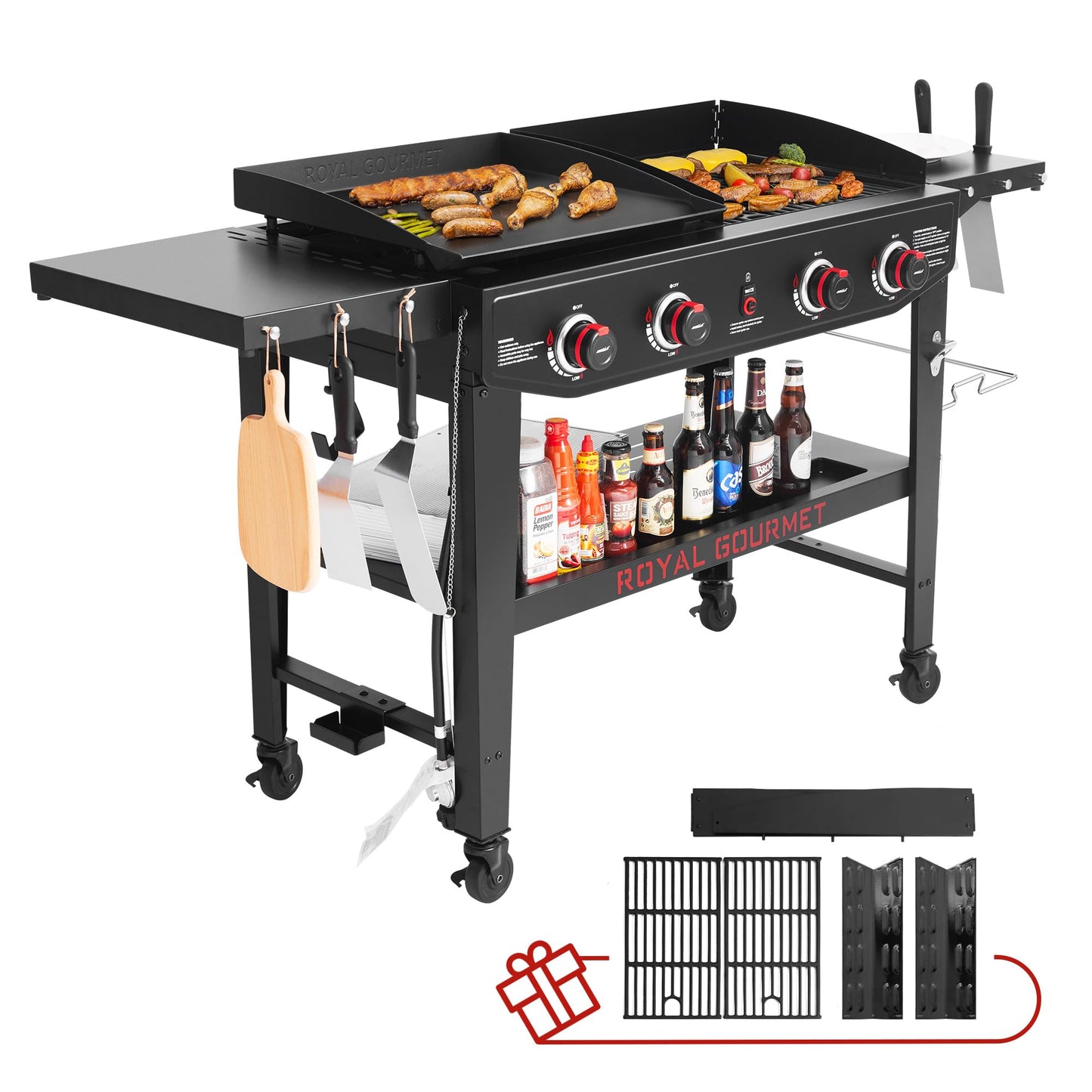 Royal Gourmet GD405A 4 Burner Propane Gas Grill and Griddle Combo with Grilling Gear Set, Griddle Grill Combo with Foldable Side Tables for Outdoor Cooking While Camping or Tailgating, Black