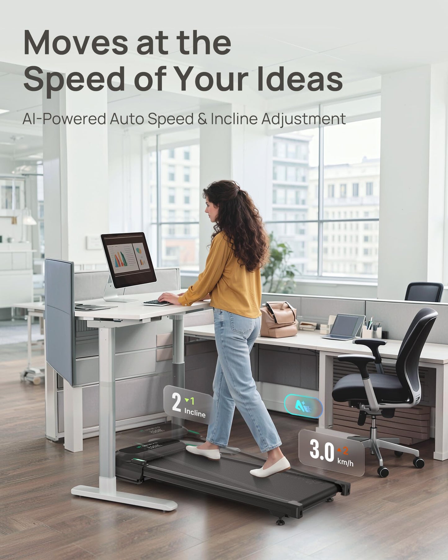 UREVO Auto Incline Walking Pad with AI App, 2.5HP Brushless Quiet Motorized Treadmill for Apartments, 9% Power Incline Standing Desk Treadmill, 12-Point Shock Absorption & Immersive Hiking
