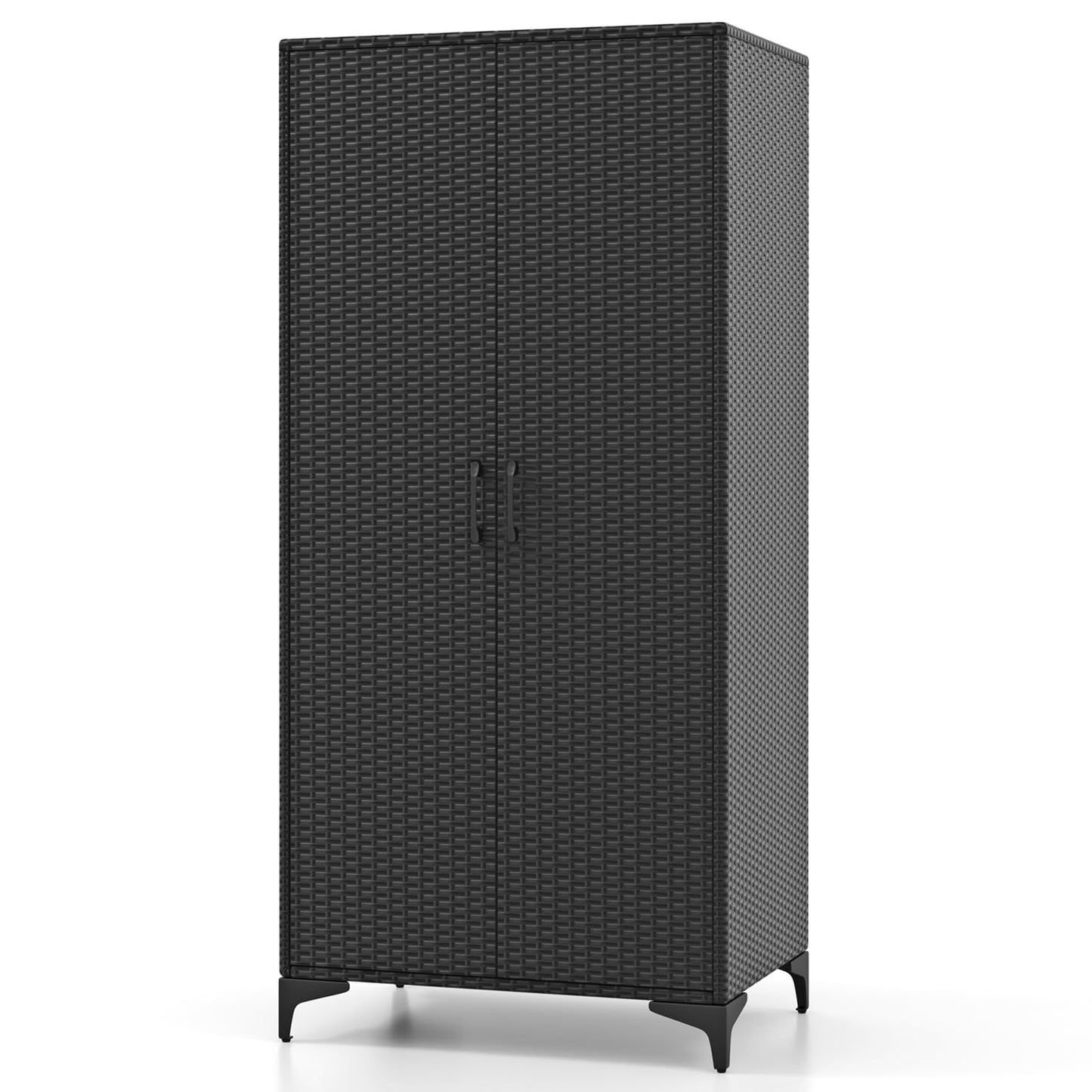 Giantex Wicker Storage Cabinet, 62” Tall Pantry Cabinet with 2 Doors, Hanging Rod, 4 Storage Cubes, Metal Legs, Anti-Tipping Device, PE Rattan Storage Cabinet for Home Office, Garage Cabinets (Black)