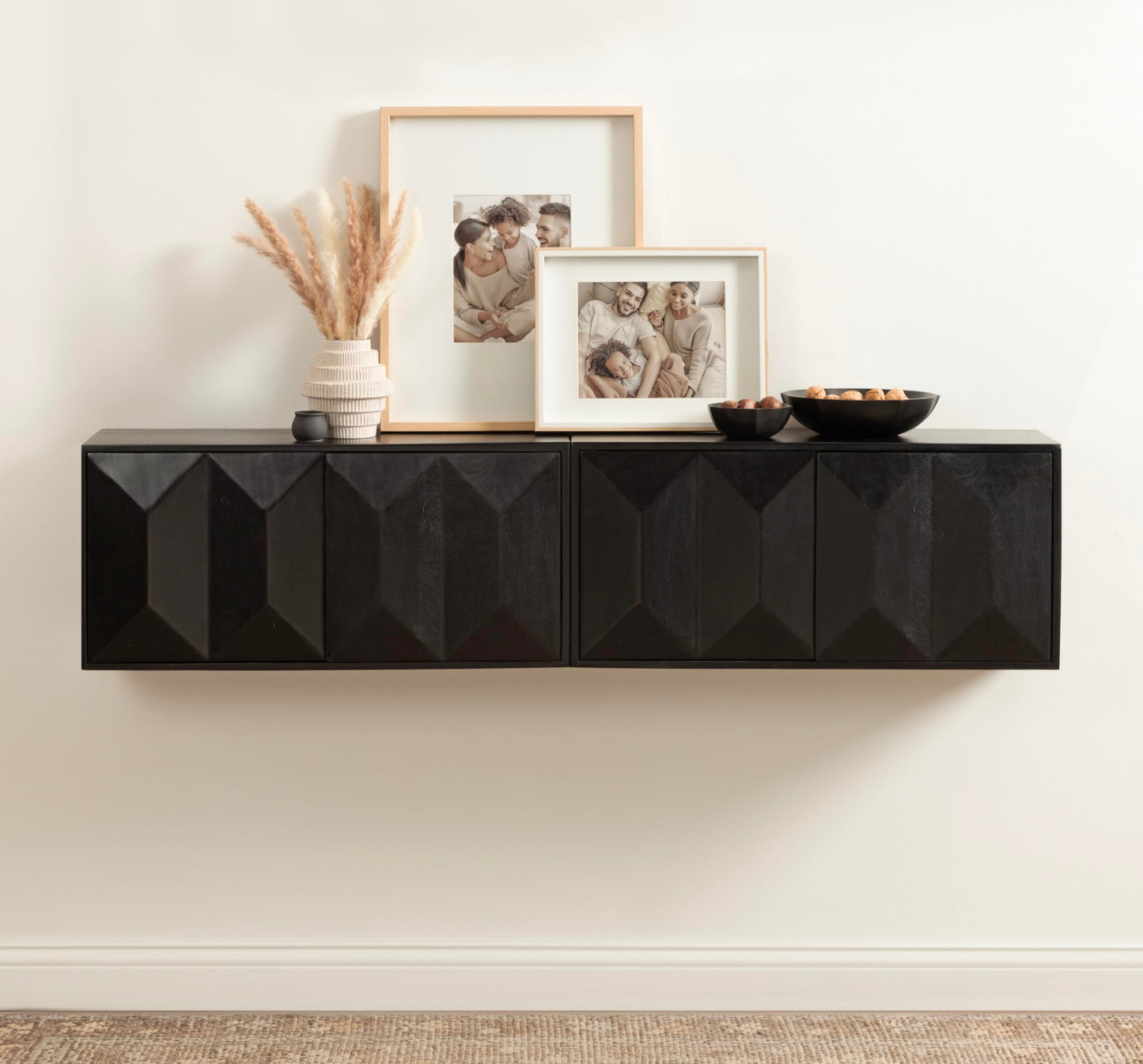 Kate and Laurel Ranier Modern Wooden Two-Door Wall Cabinet; 30 x 10 x 14; Black; Decorative Storage Cabinet with Dimensional Face for Use as Floating Nightstand or Floating TV Shelf