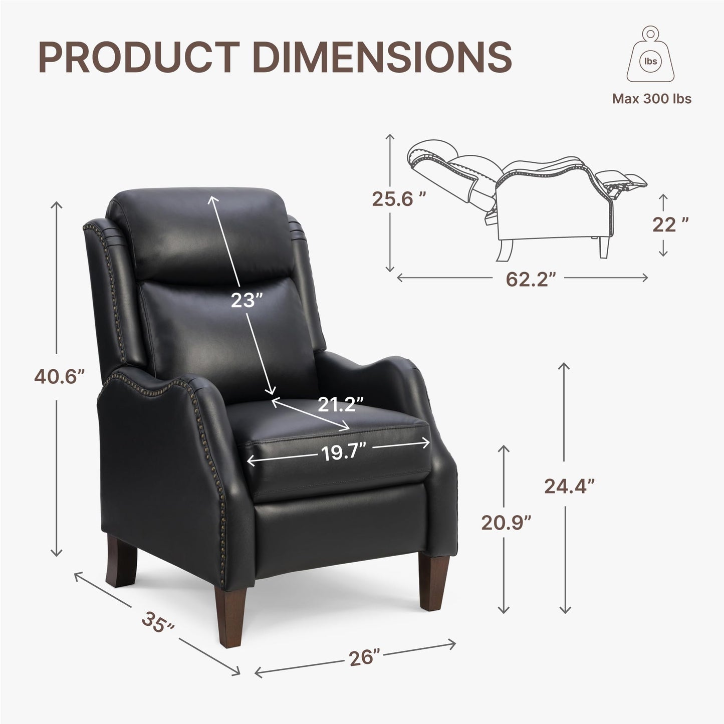 KISLOT Leather Pushback Recliner Faux Armchair with Rivet Decoration Single Sofa Accent Chair for Living Room Bedroom