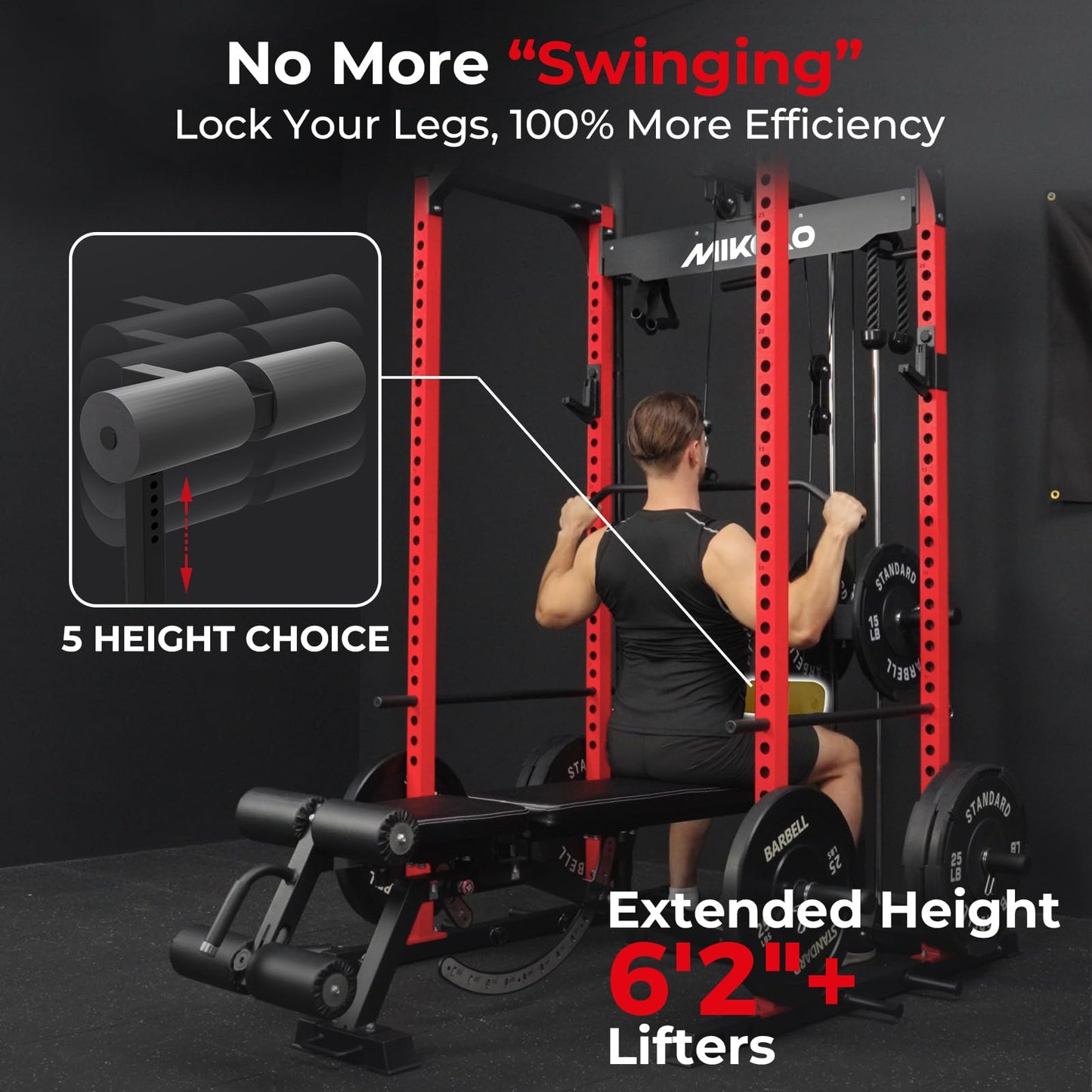 Mikolo F4 2.0 Power Cage with Dual-Track Smooth Pulley System, 1200LBS Power Rack with Leg Hold-Down for Heavy LAT Pulldowns, All-in-One Squat Rack with More Training Attachments for Home Gym (Red)