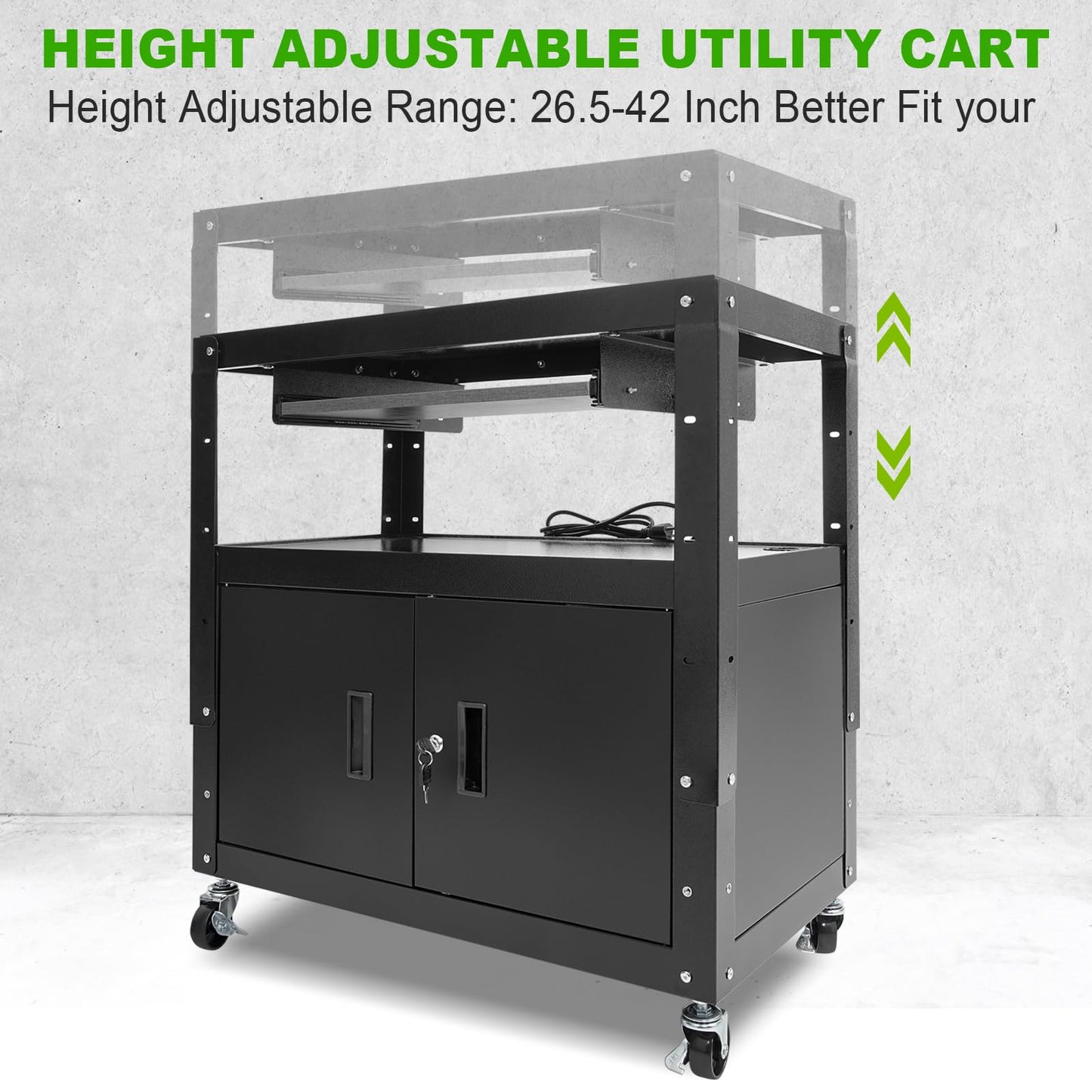 HONYTA AV Cart, Computer Steel Carts with Wheels and Power, Height Adjustable Rolling AV Carts with Locking Cabinet & Pullout Keyboard Tray, Projector Cart for School Office, 18”X 30.8”X 42”, Black