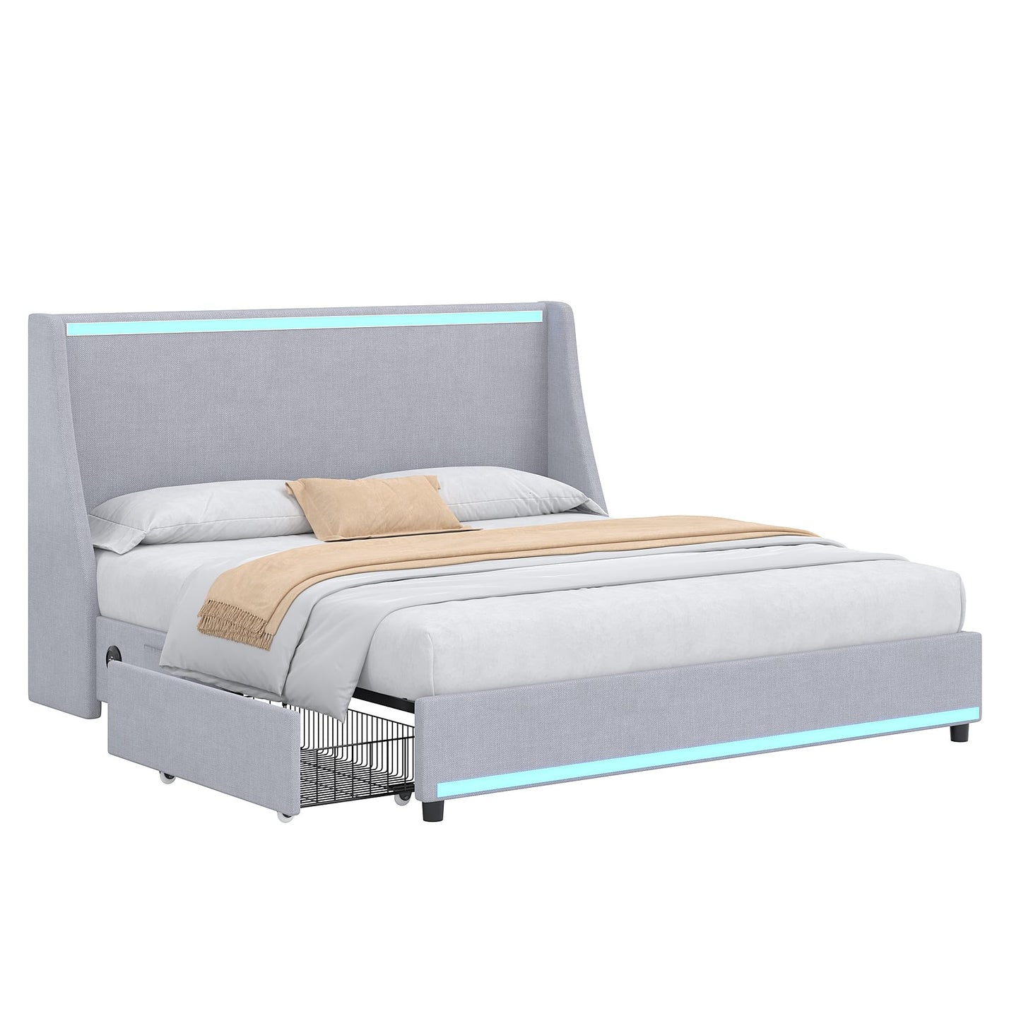 VECELO Queen Size Bed Frame with Storage Drawers, Upholstered Platform Bedframe with Wingback Headboard, No Box Spring Needed, Classic Grey