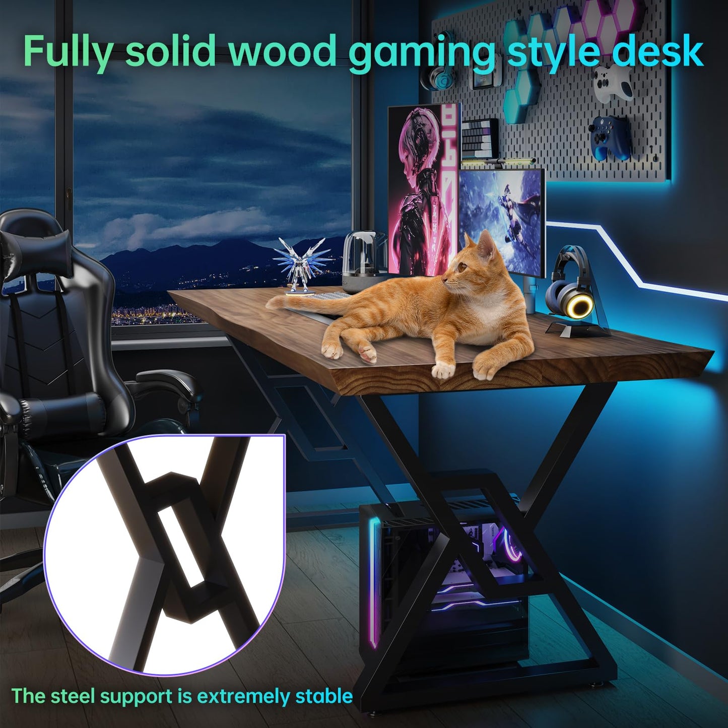 jmzx store Solid Wood Rustic Style 55.1-inch Computer Desk - Large Office Desk for Home Office (Black-w, 55.12 * 27.56 * 29.53)