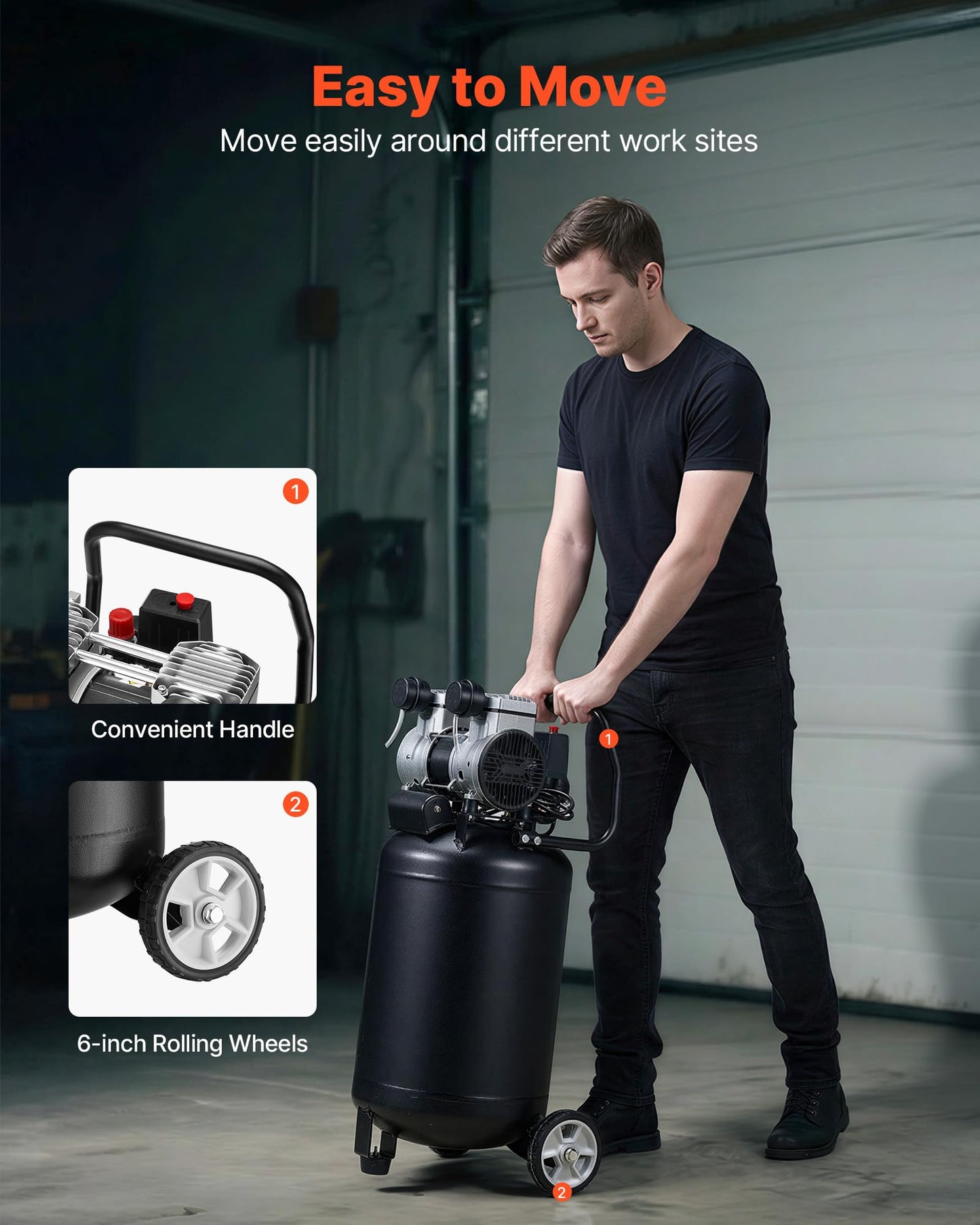 VEVOR 10-Gallon Air Compressor, 2HP 4.8 SCFM at 90PSI, Max 125PSI Pressure Oil-Free Air Compressor Tank, Portable on Wheels for Auto Repair, Tire Inflation, Spray Painting, Woodwork Nailing, 120V