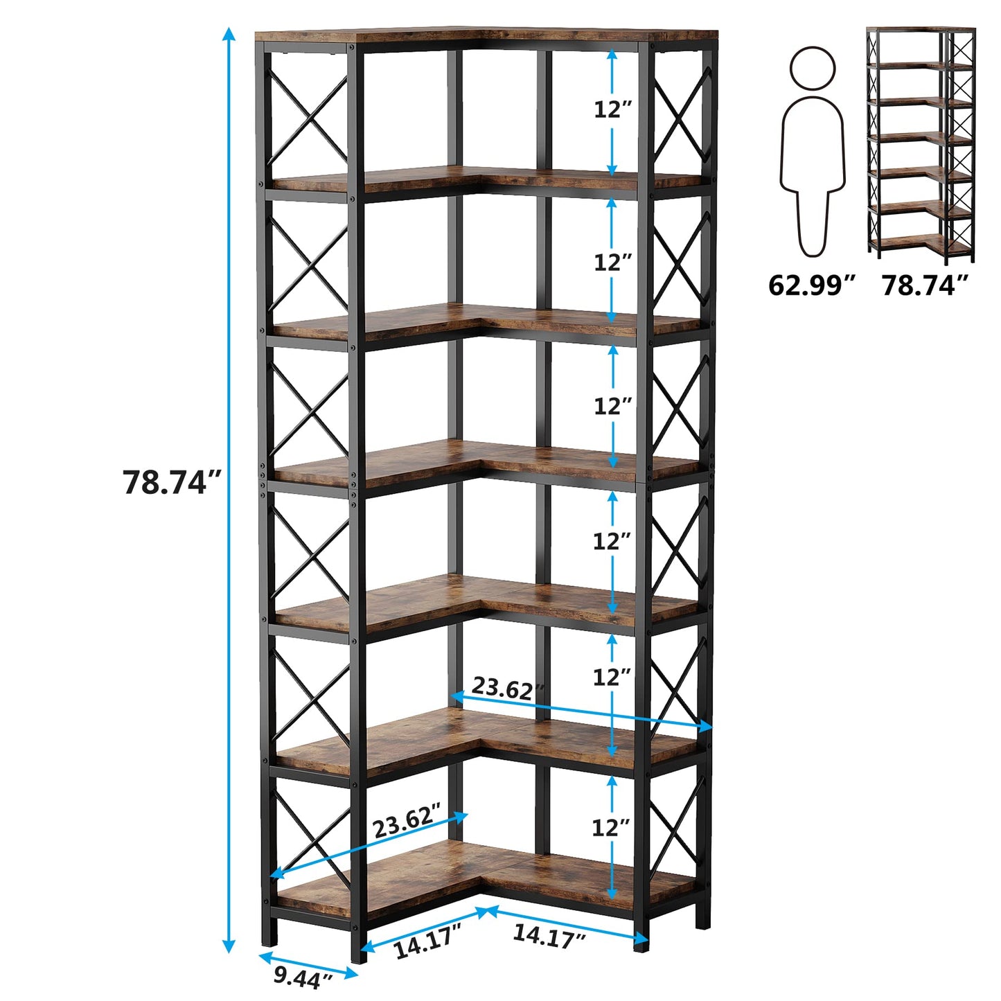 Tribesigns 7-Shelf Corner Bookshelf,Large Modern Corner Bookcase, 7-Tier Tall Corner Shelf Storage Display Rack with Metal Frame for Living Room Home Office (Rustic Brown)