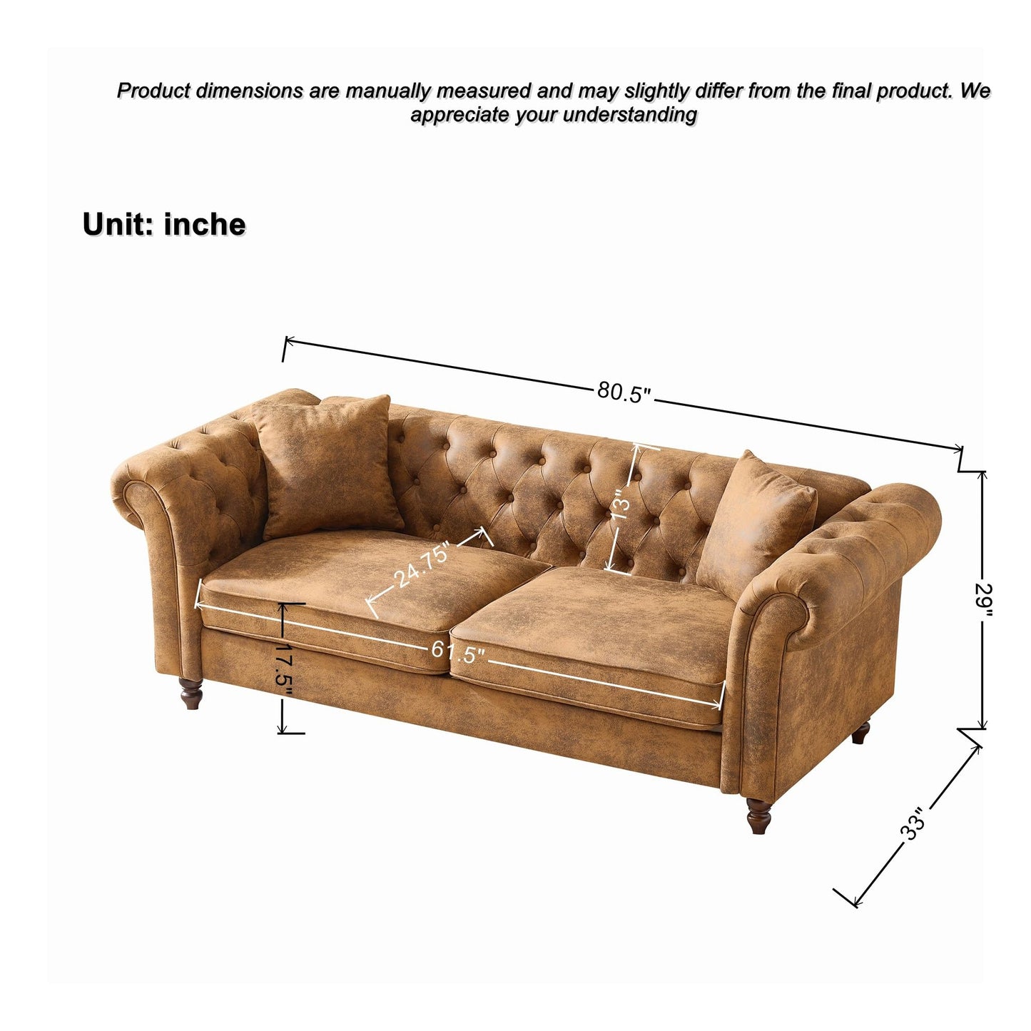 GDFStudio 81" Chesterfield Sofa Couch, 3 Seat Mid Century Modern Sofas & Couches, Fabric Upholstered Couch with Rolled Arms & Pillows, Modern Living Room Sofa for Apartment Office Home Seating, Brown