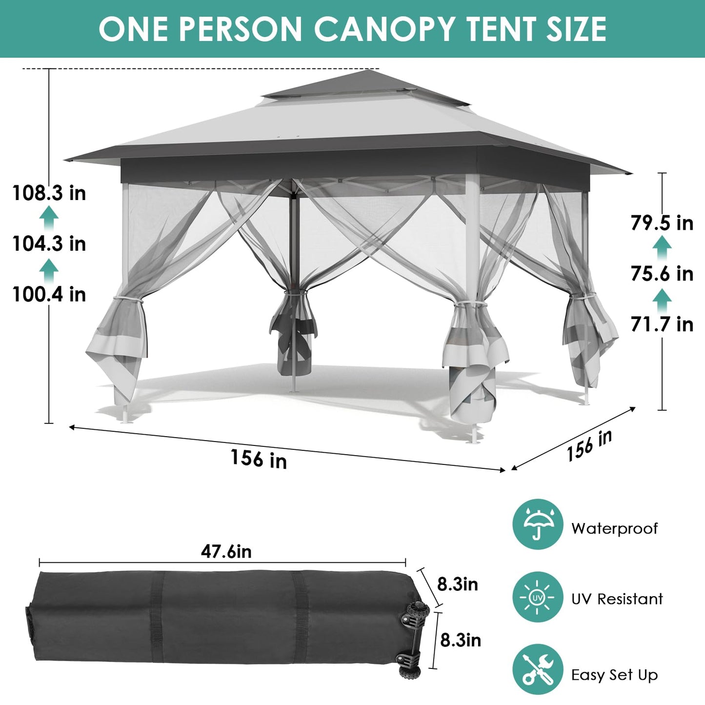 MAMIZO 13ft Pop Up Gazebo, Outdoor Instant Canopy Tent w/4 Netting Sidewall & Auto Extending Eave, Patio Gazebos Shelter w/Mesh Wall, Center Lock, Wheeled Bag for Garden, Yard (Grey, 13X13FT)