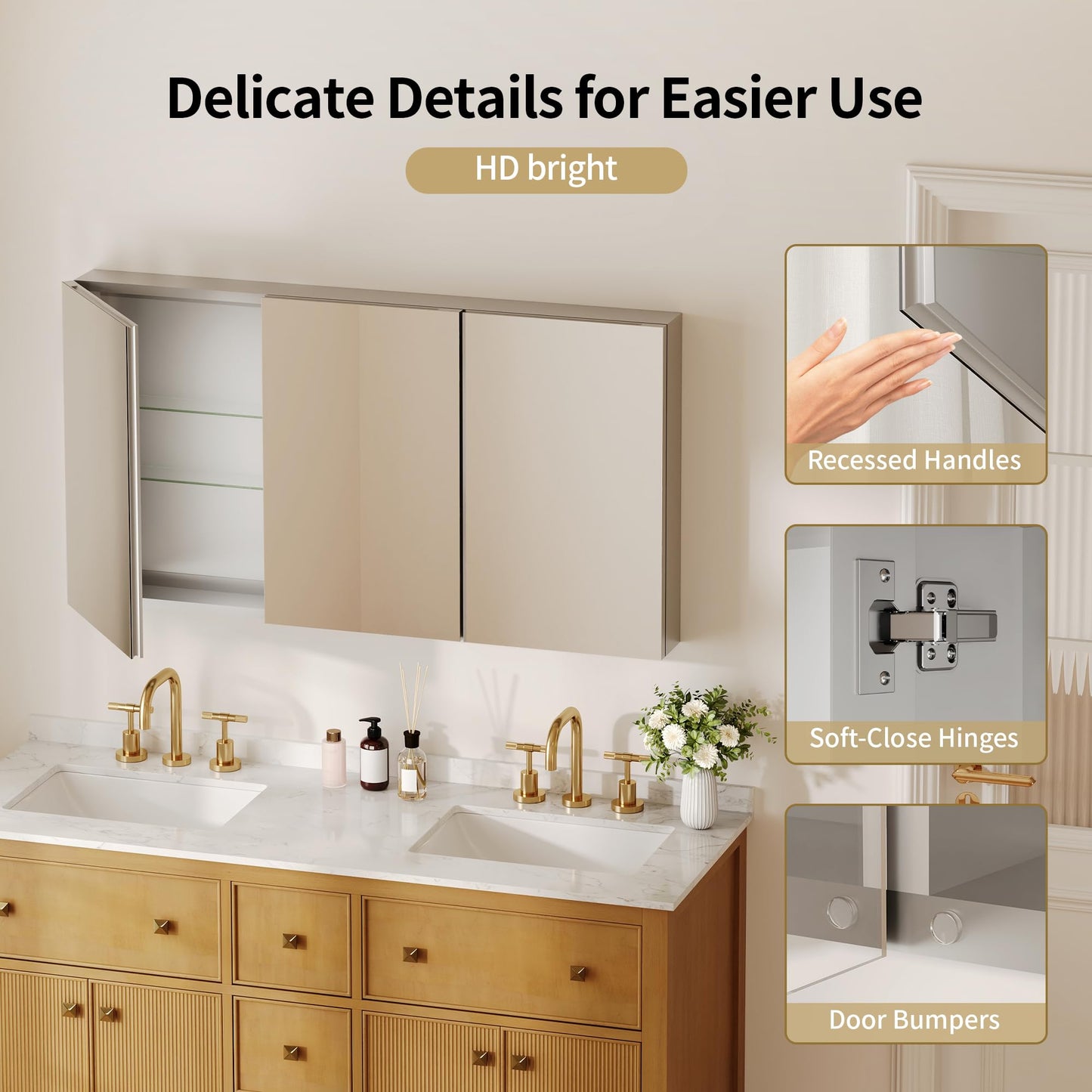 DeerValley Pre-Assembled Medicine Cabinet with Mirror, 48" W x 26" H Bathroom Mirror with Storage, 3 Doors Frameless Modern Wall Mount Mirrored Medicine Cabinets with 2 Adjustable Shelves DV-1MC0149