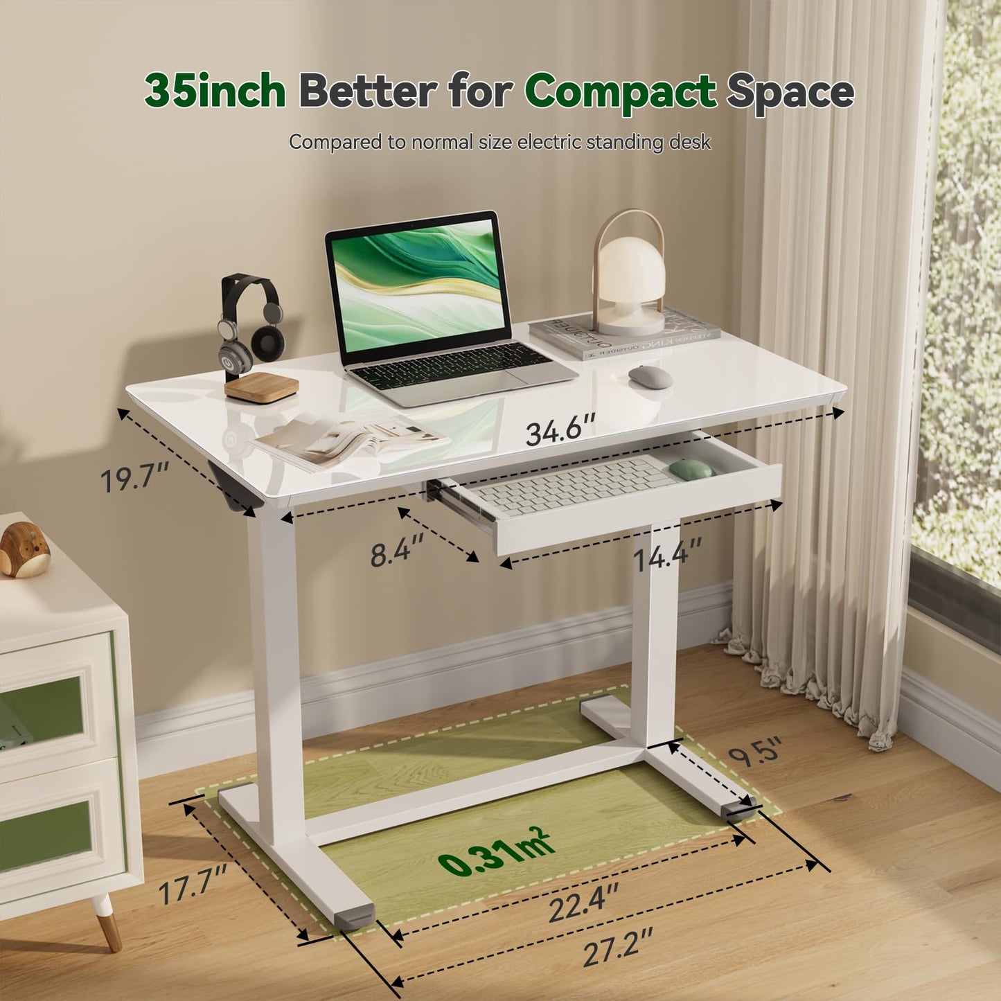 Gibbon Mounts Glass Standing Desk with Drawers, 35inch Small Mobile Laptop Desk, Height Adjustable Rolling Sit Stand Desk, White Pneumatic Portable Computer Desk with Hidden Wheels or Lockable Casters