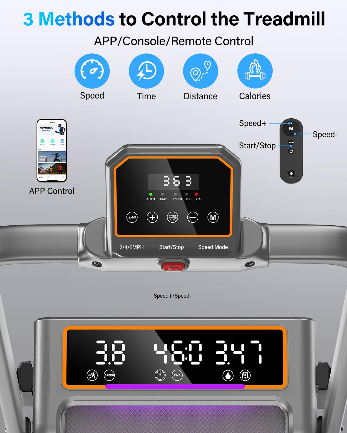 Walking Pad Treadmill with 15% Incline/Handle Bar/2 Screen Display, 3.5HP Foldable Walking Pad Treadmill, Portable Treadmills for Home with 4 Adjustable Incline, 350+lb Capacity, Smart App, RGB Light