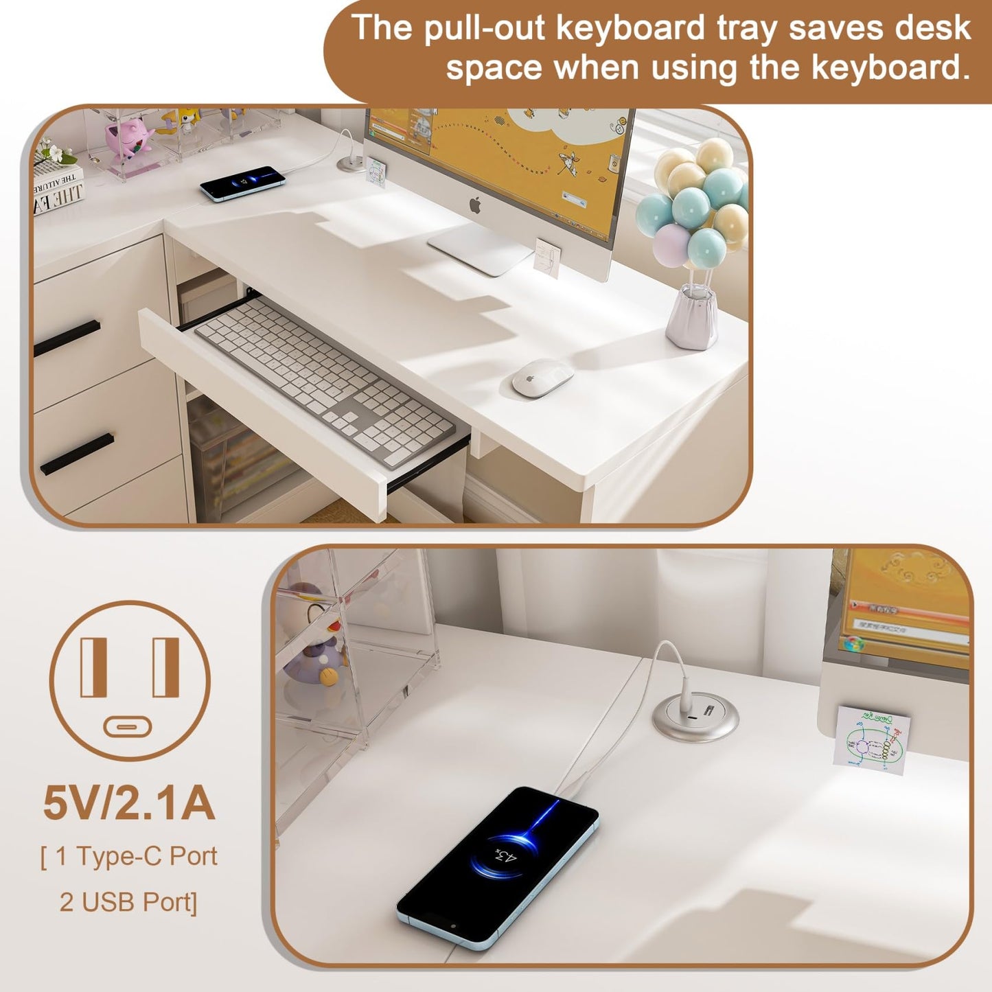 KEIKI L Shaped Home Office Desks with LED Light, Glass Storage Cabinets, USB Charging Ports, Keyboard Tray, Drawers, Modern Wooden Gaming Computer Corner Table for Work, Study, Writing