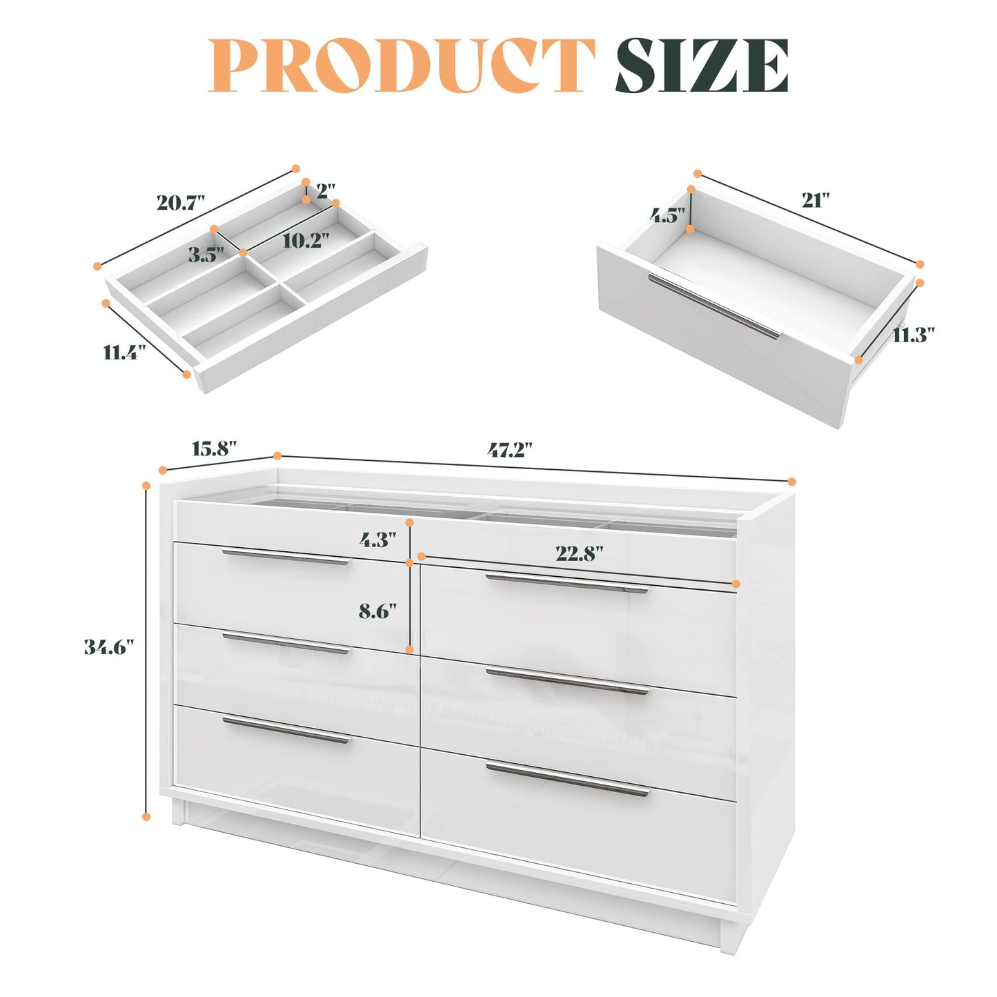 AMERLIFE 47.2" W 8 Drawer Dresser with LED Light & Glass Top, Modern High Gloss Storage Chest with 2 Jewelry Drawers, Storage Organizer for Bedroom, White