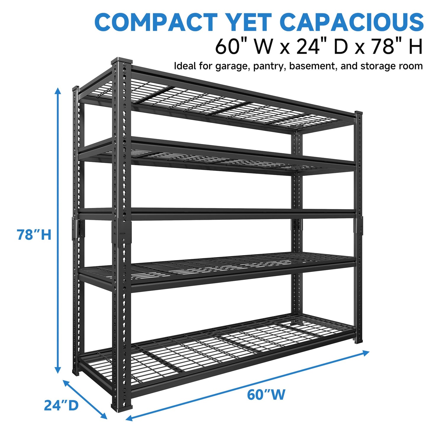 LUXEYARD Heavy Duty Garage Shelving, 60" W x 24" D x 78" H, 5-Tier Adjustable Metal Storage Rack, 660 lbs Per Shelf, 3300 lbs Total Capacity, Black, 1-Pack