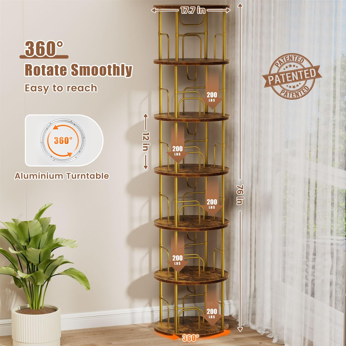ALLSTAND 6 Tier Rotating Bookshelf, 360 ° Display Stackable Spinning Bookshelf Tower, Corner Bookshelf Tall Floor Standing Swivel Bookcase Narrow Storage Organizer for Bedroom, Living Room, Gold