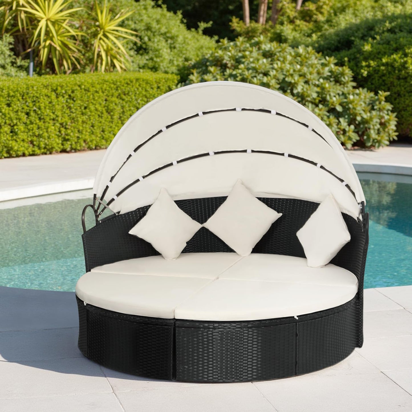 FDW Outdoor Round Daybed Wicker Patio Furniture Outdoor Furniture with Retractable Canopy Rattan Separated Seating Sectional Sofa Khaki Washable Cushioned and Three Pillow for Patio Backyard