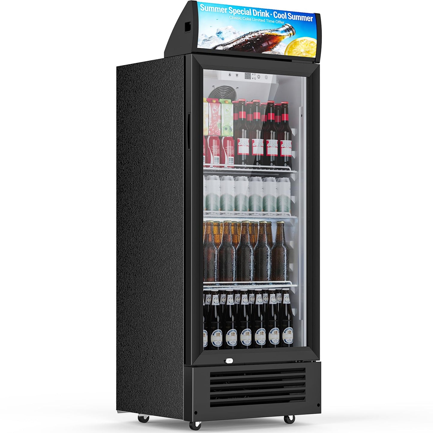 COWSAR Beverage Refrigerator Cooler, Freestanding 145 Can Beverage Refrigerator with Smart Temperature Control，6 CU FT Quiet Fridge with Lightbox for Bar, Office, Restaurant or Home, Black