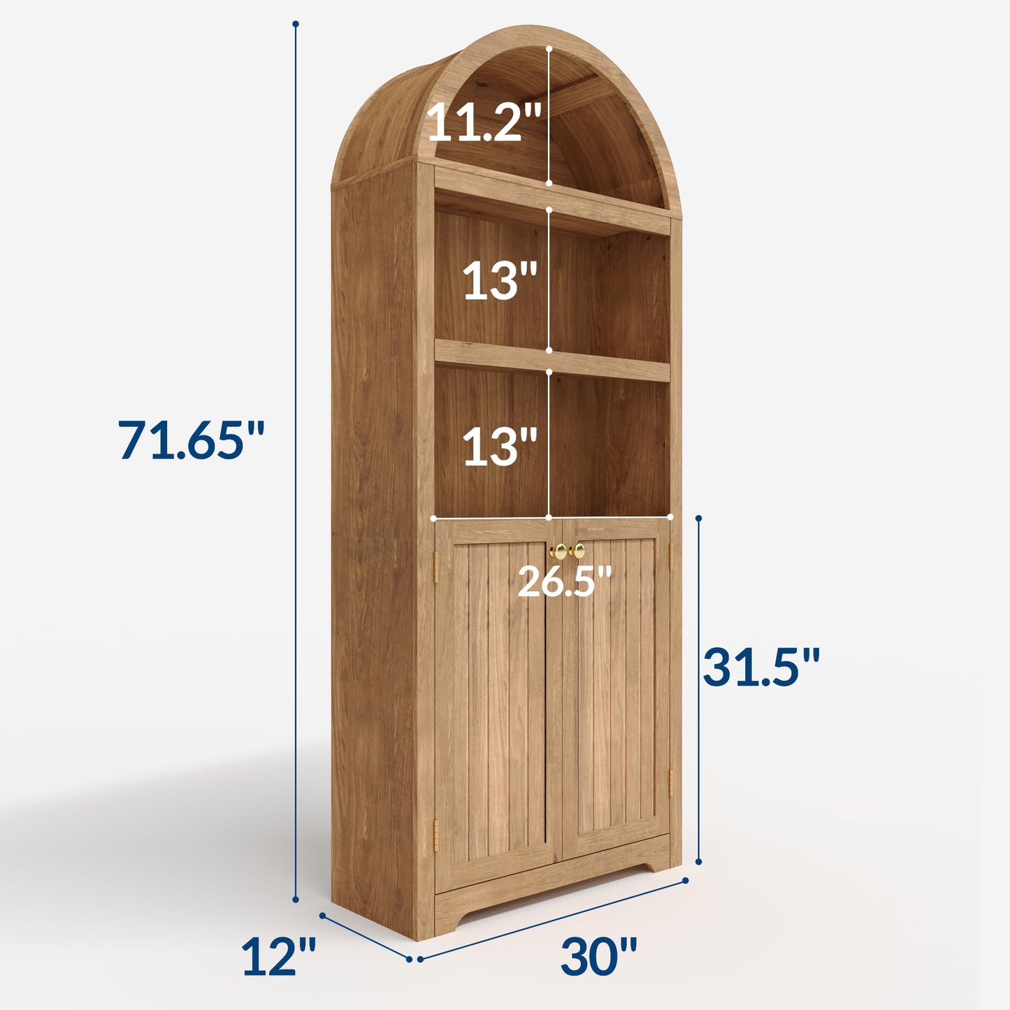 IDEALHOUSE Arched Bookcase with Doors, 72 Inch Tall Bookshelf with Storage Cabinet and Shelves, Wooden Display Bookcase for Living Room, Home Office, Natural Oak with Gold Handles