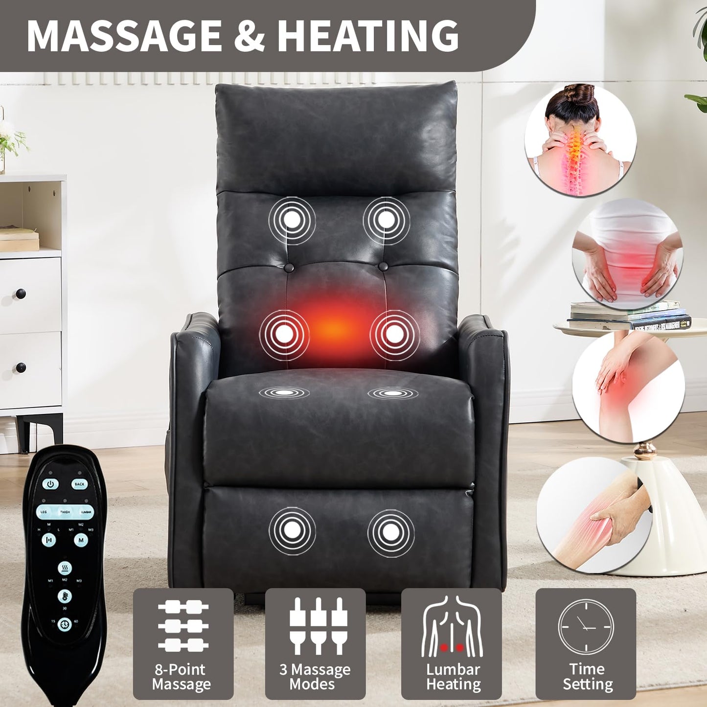 KEIKI Single Motor Power Lift Recliner Chair with Massage and Heat for Living Room, Synthetic Leather Upholstery with USB Charging Port and Side Pockets for Seniors