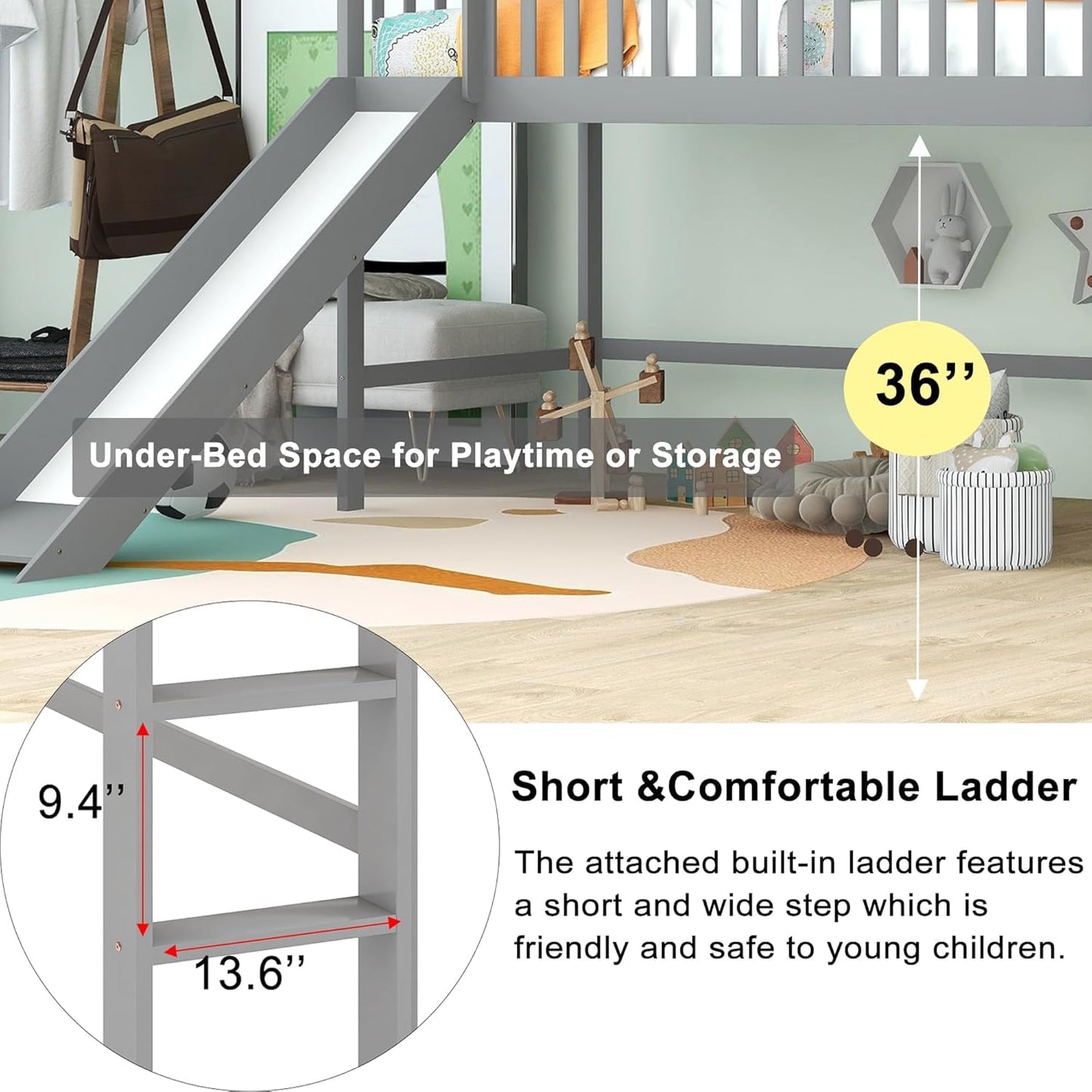 Bellemave Twin Size Low Loft Bed Frame with Slide,Kids Loft Bed with Ladder,Solid Wood Low Loft Bed Twin Size for Girls Boys,Gray