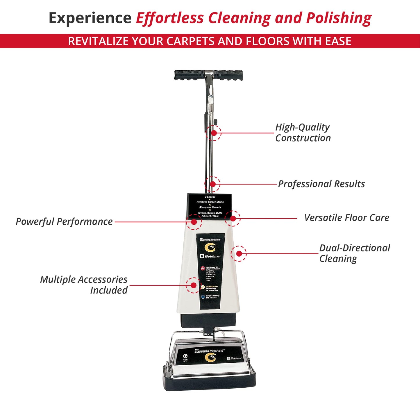 Koblenz P-2600A Carpet Shampooer Machine, 12 in Floor Polisher, Electric Floor Scrubber, 144 oz Tank, Twin Brushes, Scrubbing and Polishing Pads, Commercial Carpet Cleaner, White/Black