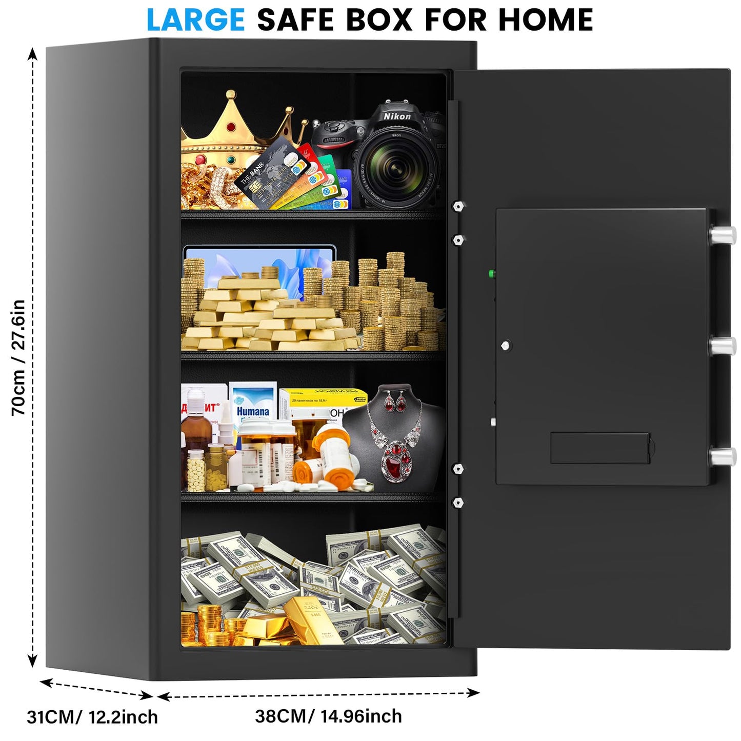 Large Fireproof Safe for Home Office, Digital Security Safe Box with Digital Backlit Keypad, Emergency Key and Anti-Theft Alarm, Personal Safes for Cash Documents Jewelry Valuables (7.0 Cuft)