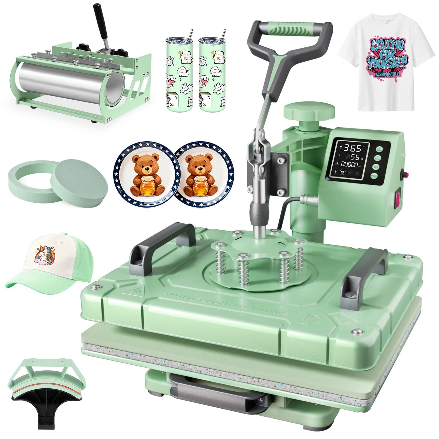 Seeutek 12x15 Inch Heat Press Machine 5 in 1, 360° Swing Away Sublimation Heat Transfer Press with 20oz & 30oz Tumbler Attachments for T-Shirts, Hats, Mugs & Plates, Green