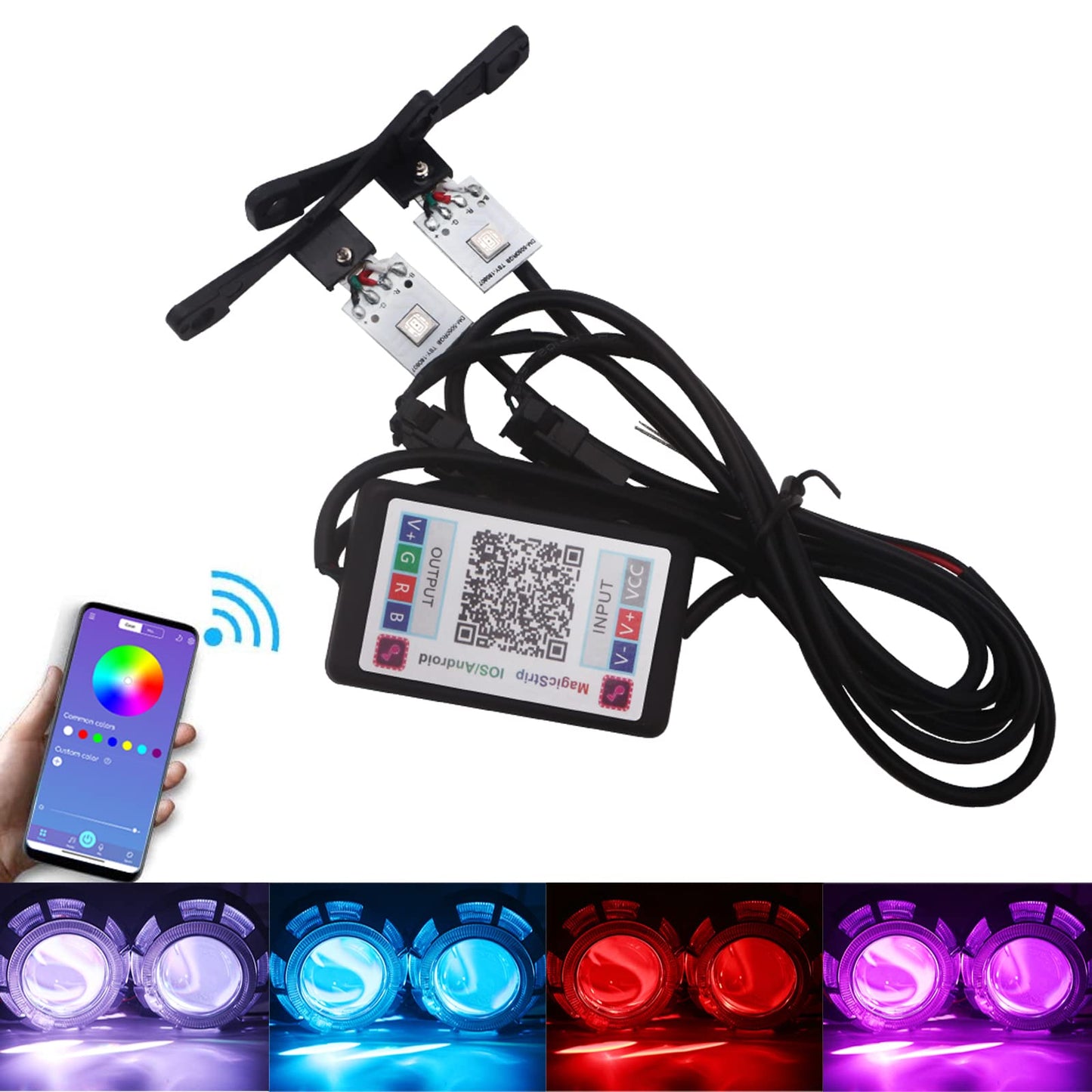 Qasim 5050 LED Car Devil Eye RGB Headlights DRL 12V DC for 2.8in BI Xenon Projector Lens Black