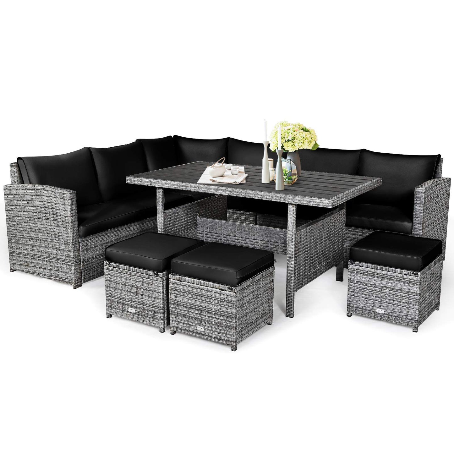Tangkula 7 Pieces Patio Furniture Set, Outdoor Sectional Rattan Sofa Set with Cushions, All Weather Wicker Conversation Couch Set w/Dining Table & Ottomans for Backyard Garden Poolside (Black)