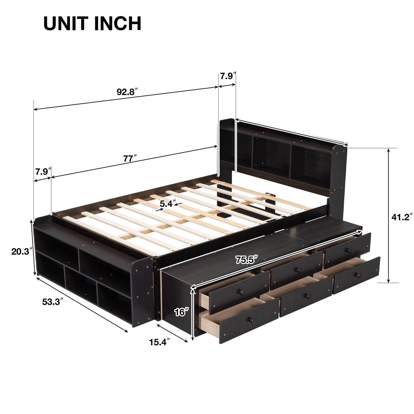 KEIKI Full Size Storage Bed Frame with Bookcase Headboard, 6 Underbed Drawers and Bed End Storage Case, Wooden Platform Bed with Shelves and Storage Cabinet for Small Bedrooms, Espresso