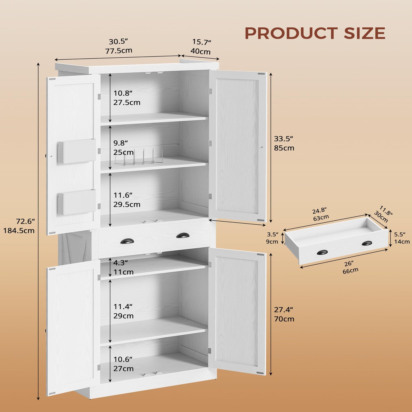 IRONCK 72.6" Tall Farmhouse Kitchen Pantry with Drawer and Adjustable Shelves, Freestanding Storage Cabinet with X-Design Doors, Large Floor Cupboard for Kitchen, Dining Room, White