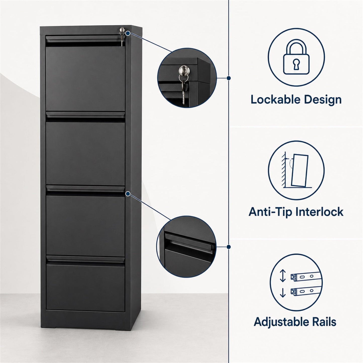 Garvee 4-Drawer File Cabinet with Lock, Metal Storage Cabinet for Home Office, Adjustable Hanging Folders, Letter Legal A4 Documents, Secure, Mobile, Easy Assembly