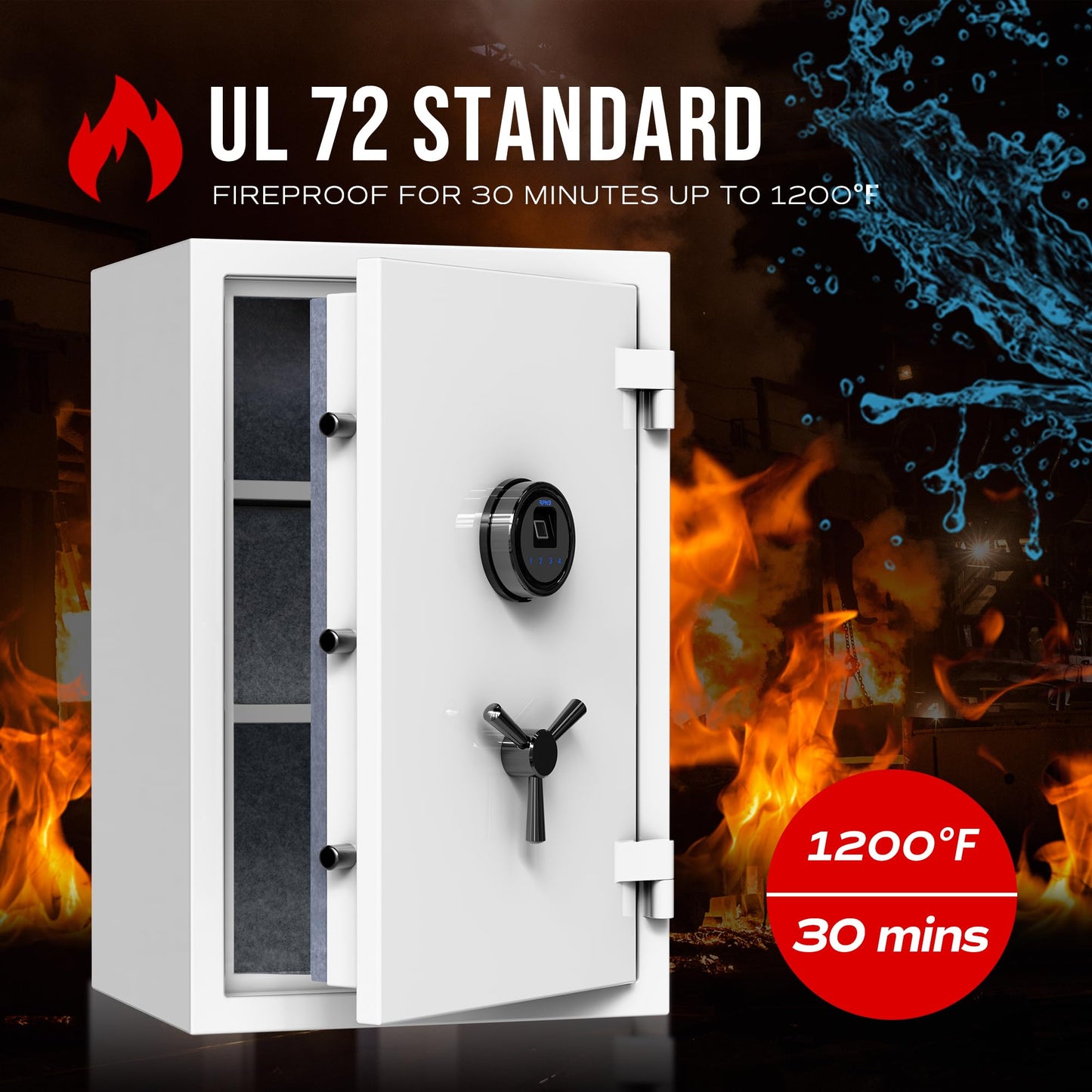 RPNB Deluxe Biometric Safe Box,Digital Fingerprint Fireproof Waterproof Safe with Touch Screen,Removable Shelf and 3 Spoke Handle,Home Safes for Cash Documents Jewelry,2.12 Cubic Feet,White