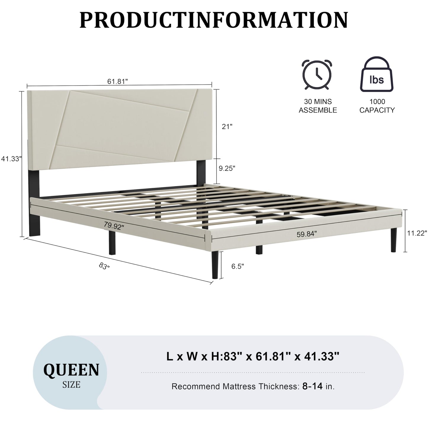 ZZBINUS Queen Size Bed Frame, Queen Size Platform Bed Frame with Headboard, Upholstered Headboard, Sturdy Wooden Slats, Noiseless No Box Spring Required, Easy to Assemble, Beige