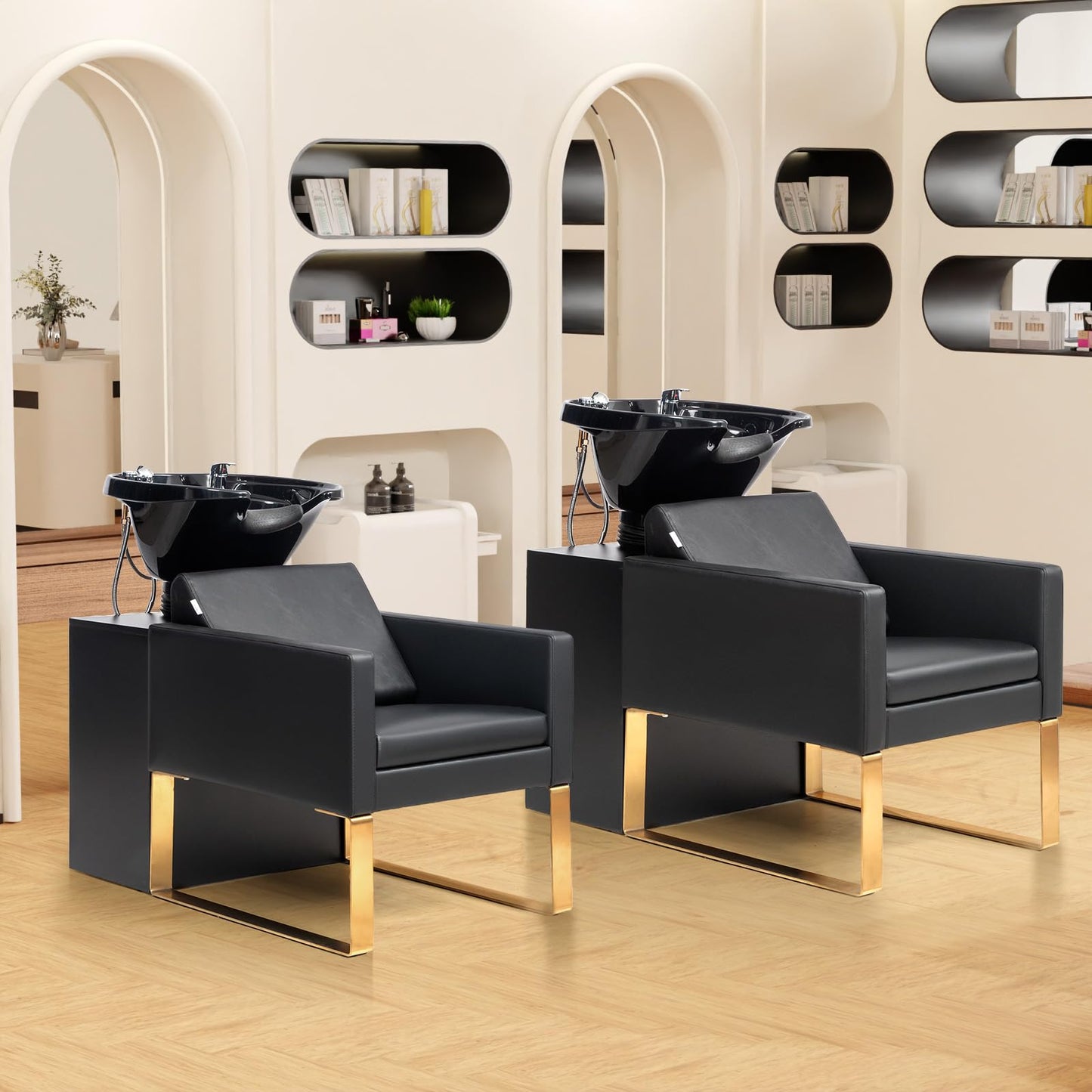 OmySalon Shampoo Chairs for Salon, Stainless Steel Frame & UPC Certified Shampoo Bowl, Hair Washing Station, Backwash Unit for Beauty Spa Barbershop, Black Gold