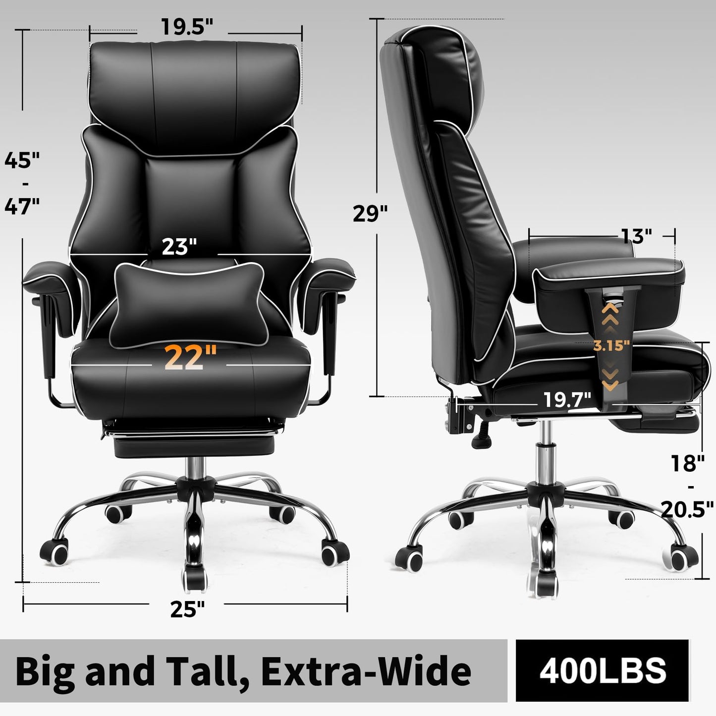COMHOMA Big and Tall Office Chair 400lbs High Back Gaming Chair with Ergonomic Lumbar Support & Pocket Spring Cushion for Lower Back Pain Relief, Leather Executive Chair with Foot Rest, Iron Black