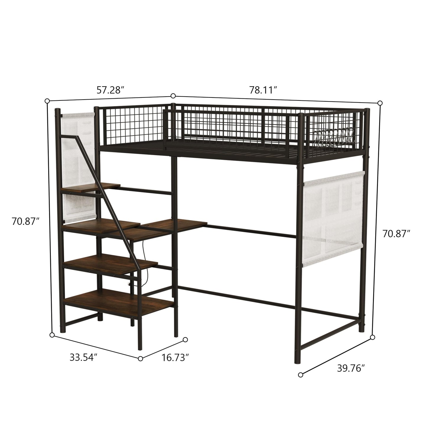 Zylena Twin Size Metal Loft Bed with Stairs, Black
