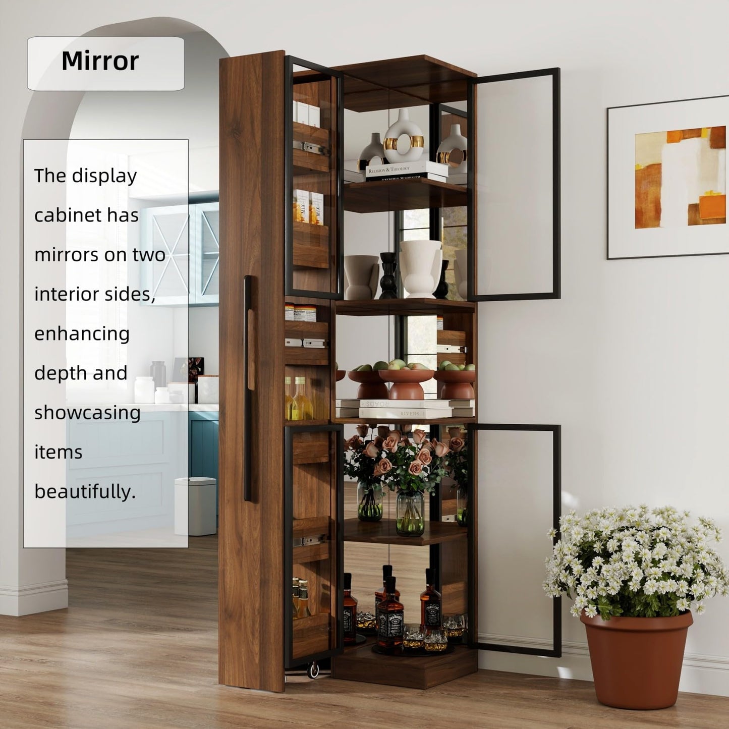 KEIKI 70" H Glass Display Storage Cabinet with Pull-Out Multi-Tier Shelf & LED Lights, Multi-Functional Curio China Collectibles Book Case Shelves Bookcase for Living Room, Home Office, Bedroom