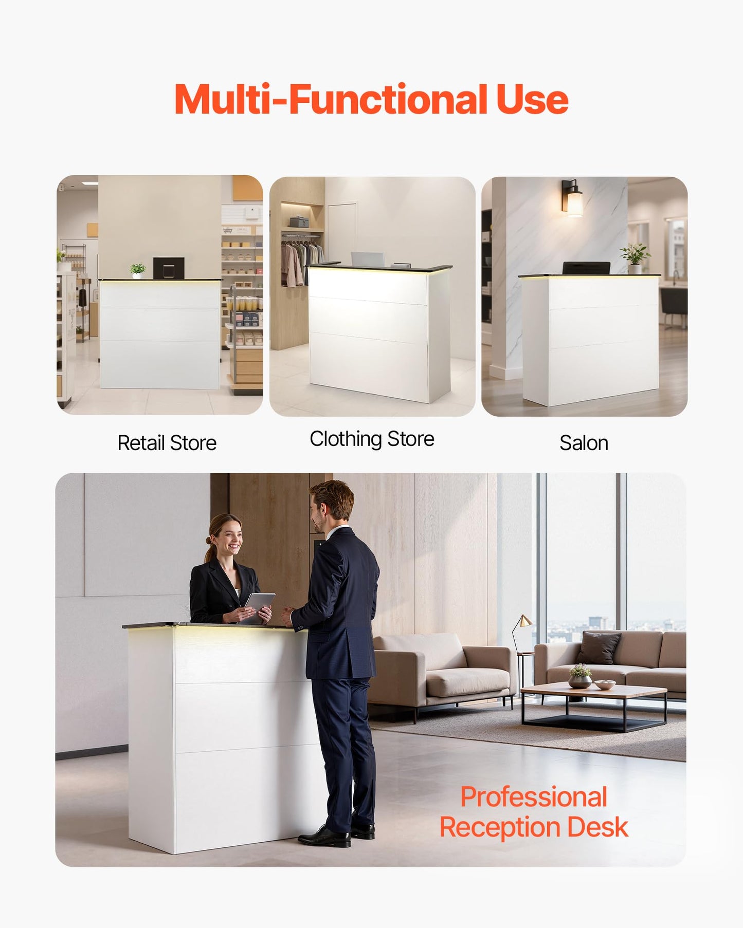 VEVOR Reception Desk, 50 inch Rectangular Front Counter Table, Modern Office Reception Desk with Light Strip, 3 Drawers & Storage Cabinets, Retail Counter Table for Checkout, Lobby, Salon, Office