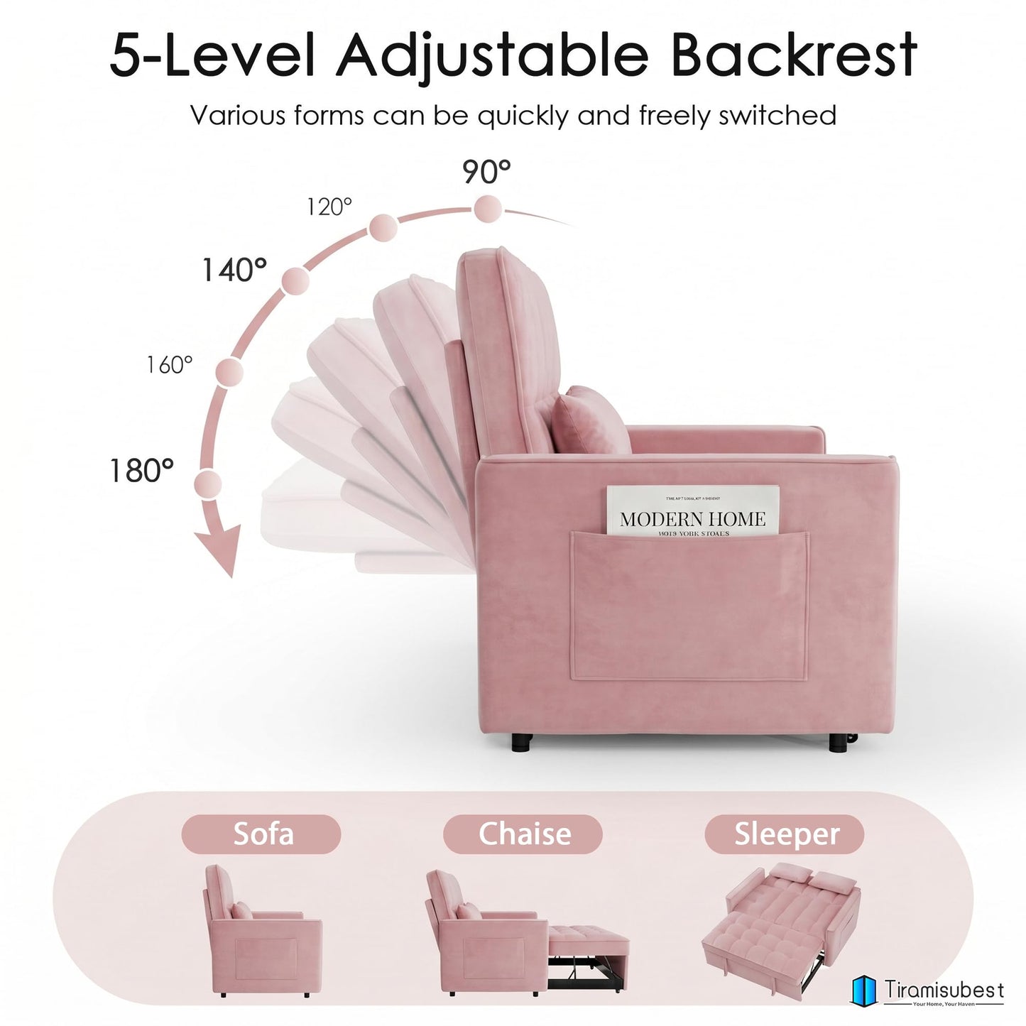 tiramisubest 54'' Sleeper Sofa Bed, Convertible Pull Out Couch Futon for for Living Room,Apartment (Pink, Loveseat) Side Pockets, Velvet Fabric, Adjustable Backrest, Pull-Out Bed, Easy Assembly