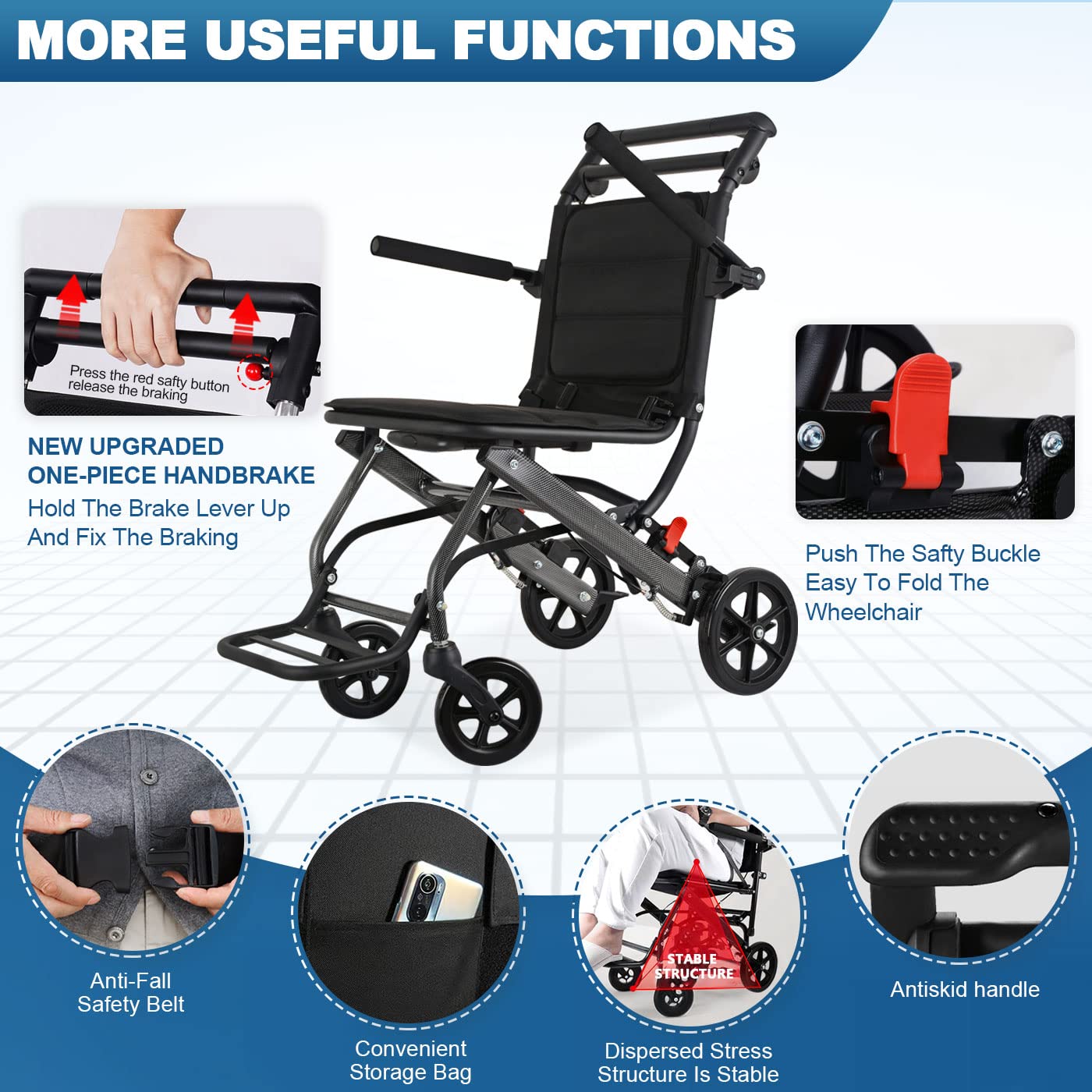 Only 15lbs Transport Wheelchairs, with Telescopic Handle, Carry Bag Include, Travel Wheelchairs for Adults Lightweight Foldable,Ultra Lightweight Folding Wheelchair, Support 220lbs