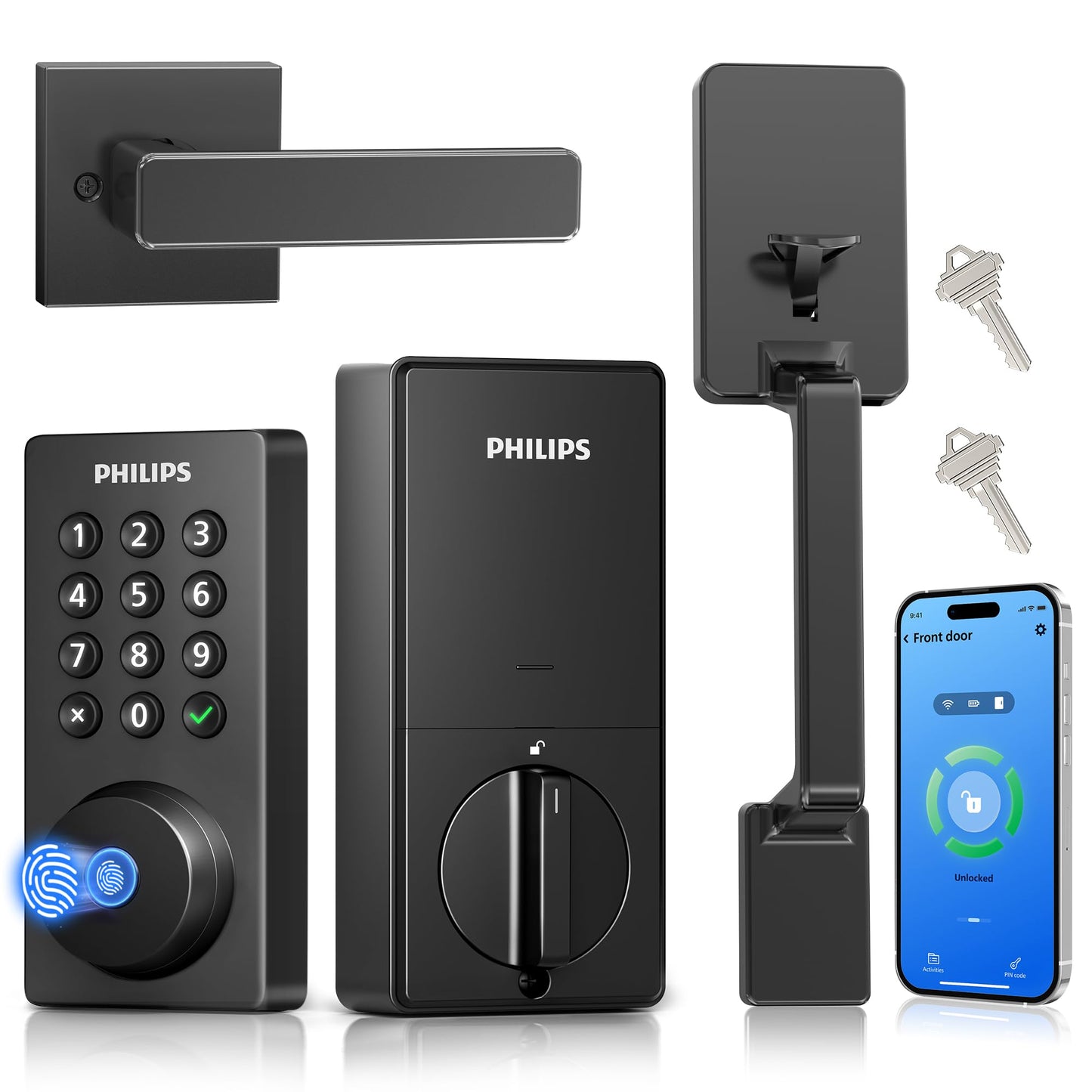 Philips Wi-Fi Smart Door Lock with Handle Set, Keypad Deadbolt for Front Door, Fingerprint Keyless Entry Door Lock with App Remote Control, IP53 Waterproof, Auto Lock, Security Easy Installation
