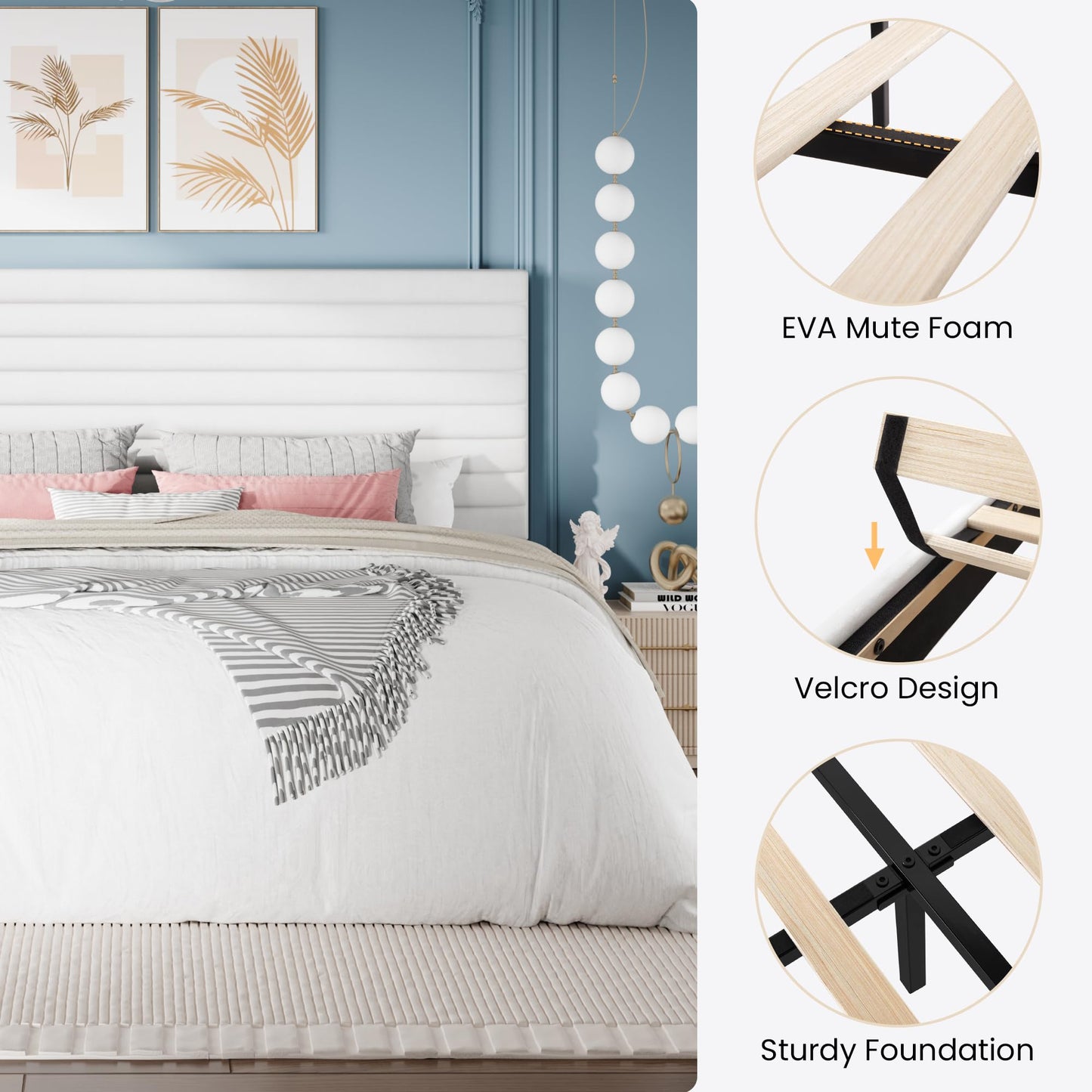 SHA CERLIN King Size Platform Bed Frame with Adjustable Headboard, Velvet Upholstered Bed with Under-Bed Storage, Modern Horizontal Channel Tufted, Wood Slats Support, No Box Spring Needed, White