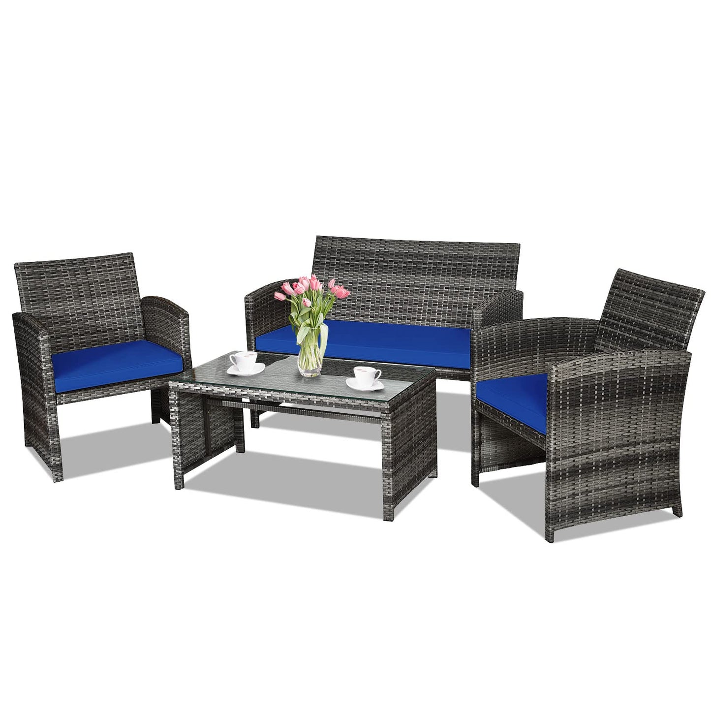 Goplus 4-Piece Rattan Patio Furniture Set, Outdoor Wicker Conversation Sofa with Weather Resistant Cushions and Tempered Glass Tabletop for Lawn Backyard Pool Garden (Blue)