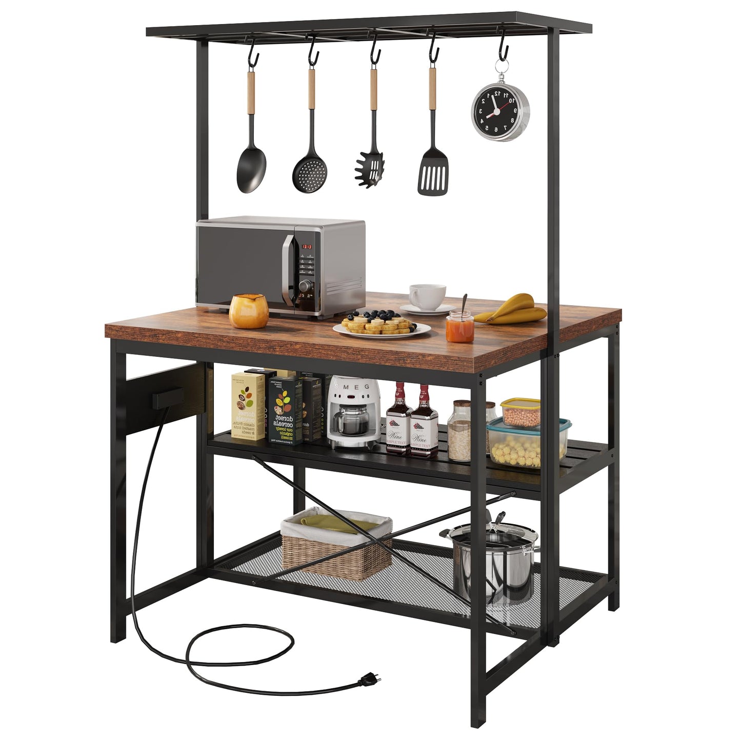 Garvee 47 in Kitchen Island with Power Outlets - Mobile Bakers Rack with 3 Shelves, Microwave Stand & 5 Hooks, 400 LB Capacity (Brown)