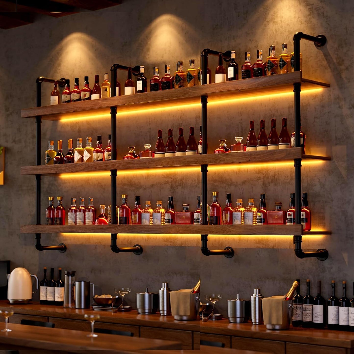 Dawselod Solid Wood Wine Racks Wall Mounted with LED Lights, Metal Wine Bottles Display Shelf, Industrial Floating Lighted Bar Shelves Liquor Rack for Home & Dining Room (120cm/47.2in)
