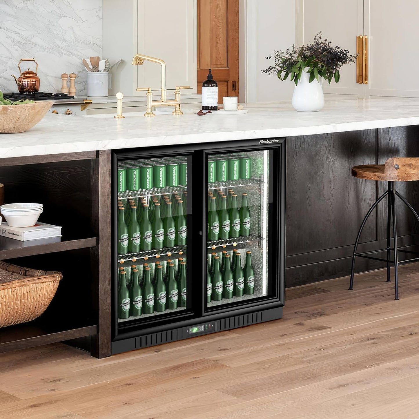 Frostronics 36 Inch 228 Cans Double Door Back Bar Beverage Cooler, 6.5 cu. ft. Under Counter Glass Bar Fridge With Sliding Door, Lockable, 32-50F Display Refrigerator, ETL & NSF7 Certified