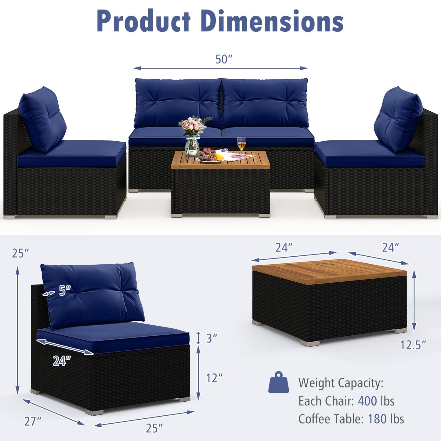 Tangkula 5 Pieces Wicker Patio Furniture Set, Outdoor 4 Armless Rattan Sofa & Coffee Table Set, with Cushions, Acacia Wood Tabletop, Sectional Patio Conversation Set for Lawn, Yard, Poolside, Navy